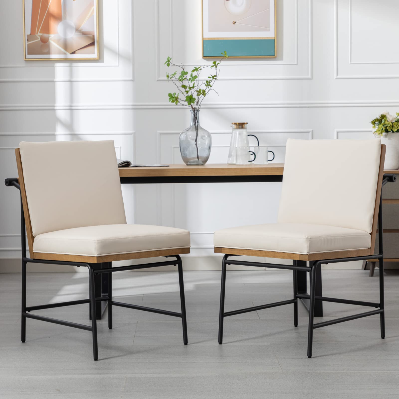 Mid Century Modern PU Leather Dining Chairs Set of 2 - Upholstered Square Back Kitchen Chairs with Sturdy Metal Legs & Wood Frame - Armless Parsons Chairs for Dining Room, Kitchen, Restaurant or Office Reception - Beige Home Decor
