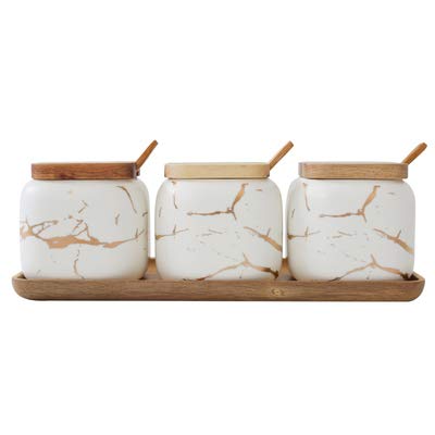 XMZFQ 3-Piece Ceramic Marbling Condiment Jar Set with Lids, Serving Spoon & Wooden Tray - White Spice Containers for Kitchen, Dining Table & Home Decor