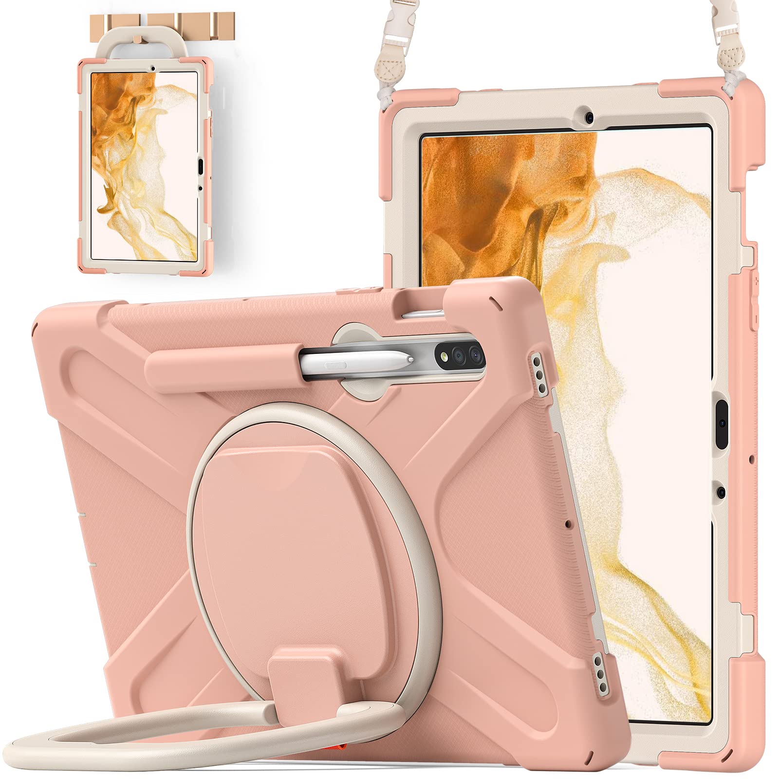 Samsung Galaxy Tab S7 (2020) & S8 (2022) 11-inch Shockproof Rugged Case with Pencil Holder, Rotating Stand & Shoulder Strap - Compatible with SM-T870/T875/X700/X706 - Rose Gold - Perfect for Work, Travel & Outdoor Protection