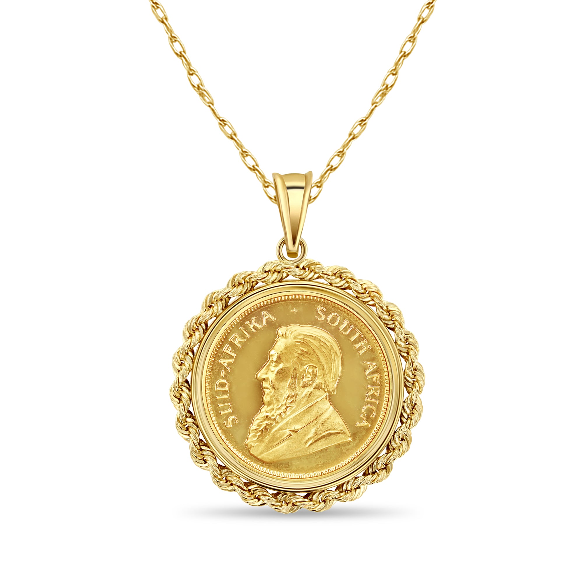 1/2OZ Fine Gold South African Krugerrand Coin Necklace with Rope Bezel - Elegant Jewelry for Gifts, Special Occasions & Everyday Wear