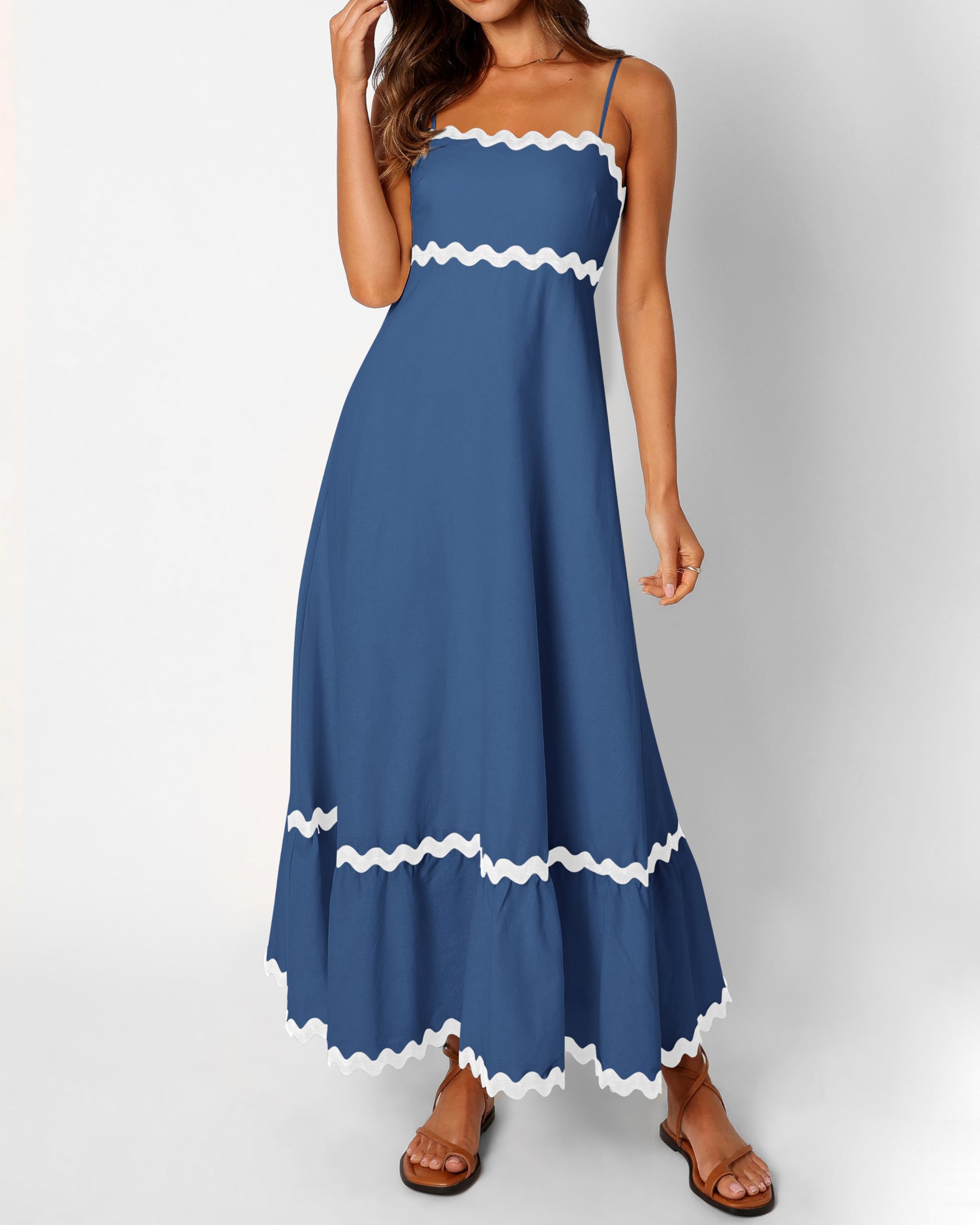Dowerme Women's Summer Dresses 2025 - Spaghetti Strap Sleeveless Boho Midi Dress with Smocked Waist & Rickrack Trim | Flowy A-Line Loose Fit | Beach Vacation, Date Night, Casual Outing