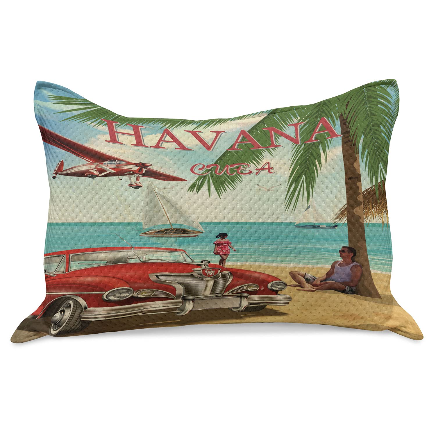 Ambesonne Travel Knitted Quilt Pillow Cover - Havana Cuba Themed Retro Vintage Car on Tropical Beach Design - Standard Queen Size 30x20 Inch - Multicolor Home Decor for Bedroom, Living Room, Sofa