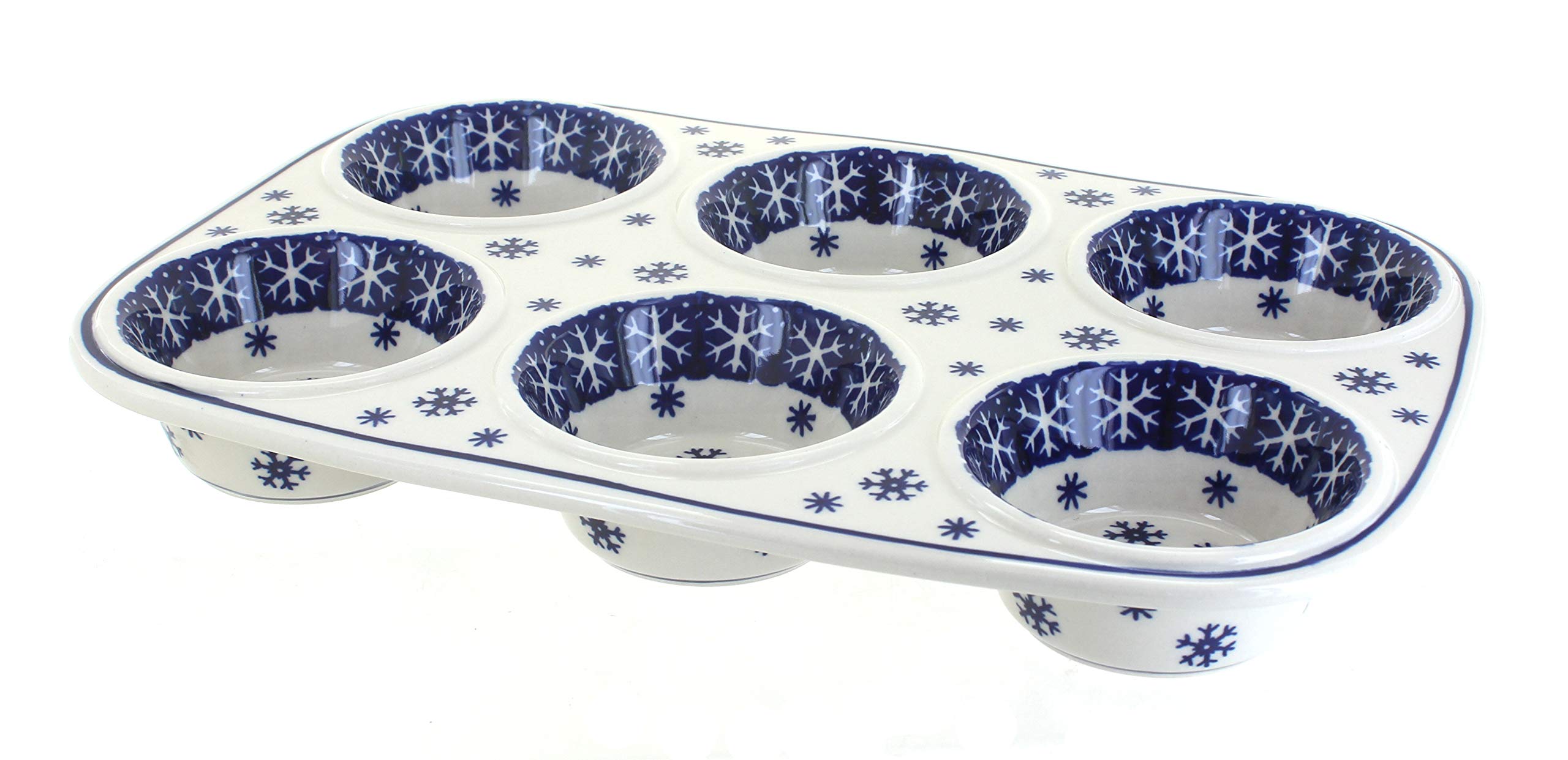 Blue Rose Polish Pottery Snow Flurry Muffin Pan - Handmade Ceramic Baking Dish for Cupcakes, Muffins & Desserts - Perfect for Holiday Baking, Gift Giving & Kitchen Decor