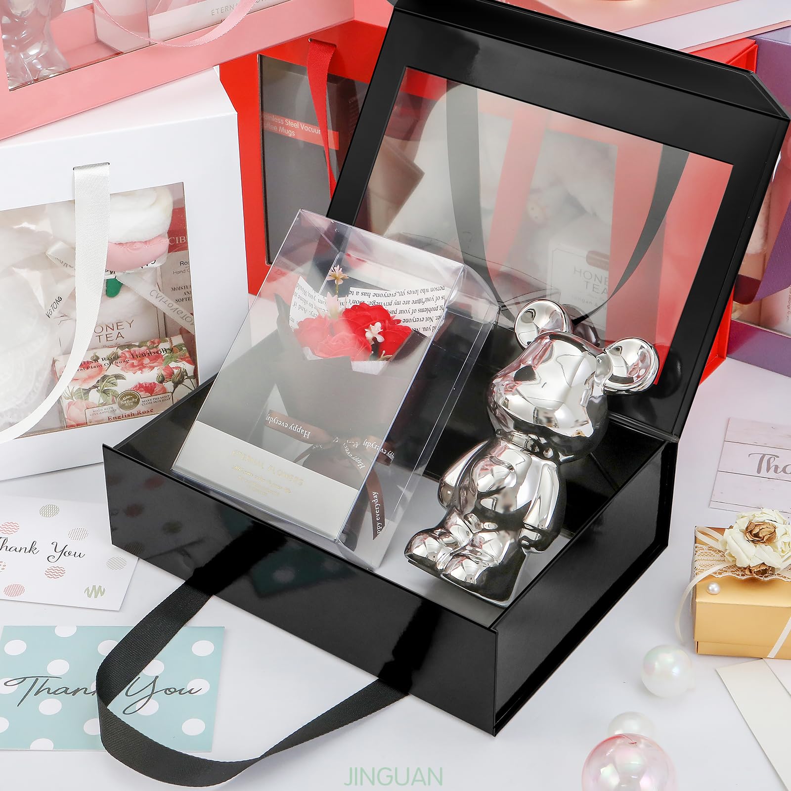 Premium Black Gift Box with Clear Window - Magnetic Closure, Lid & Handle - 10.5x7.5x3 Inches - Elegant Present Box for Groomsman Proposal, Wedding Favors, Birthday Gifts & Special Occasions