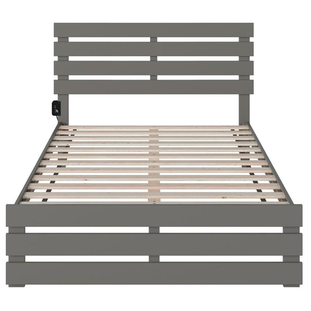 BOWERY HILL Farmhouse Solid Wood Full Size Bed Frame with Footboard & USB Charging Ports - Gray Wooden Bed for Master Bedroom, Guest Room & Cozy Farmhouse Decor