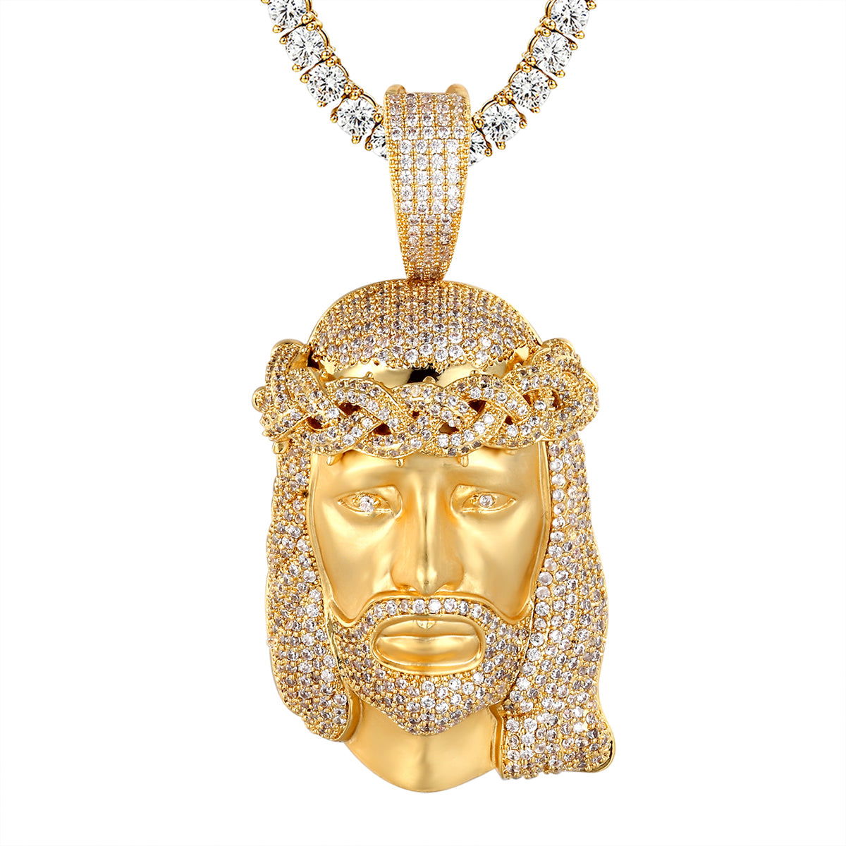 Jesus Matte Finish Face Bling Crown Religious Silver Pendant Necklace - Perfect for Church, Baptism, Easter & Christian Jewelry Gifts