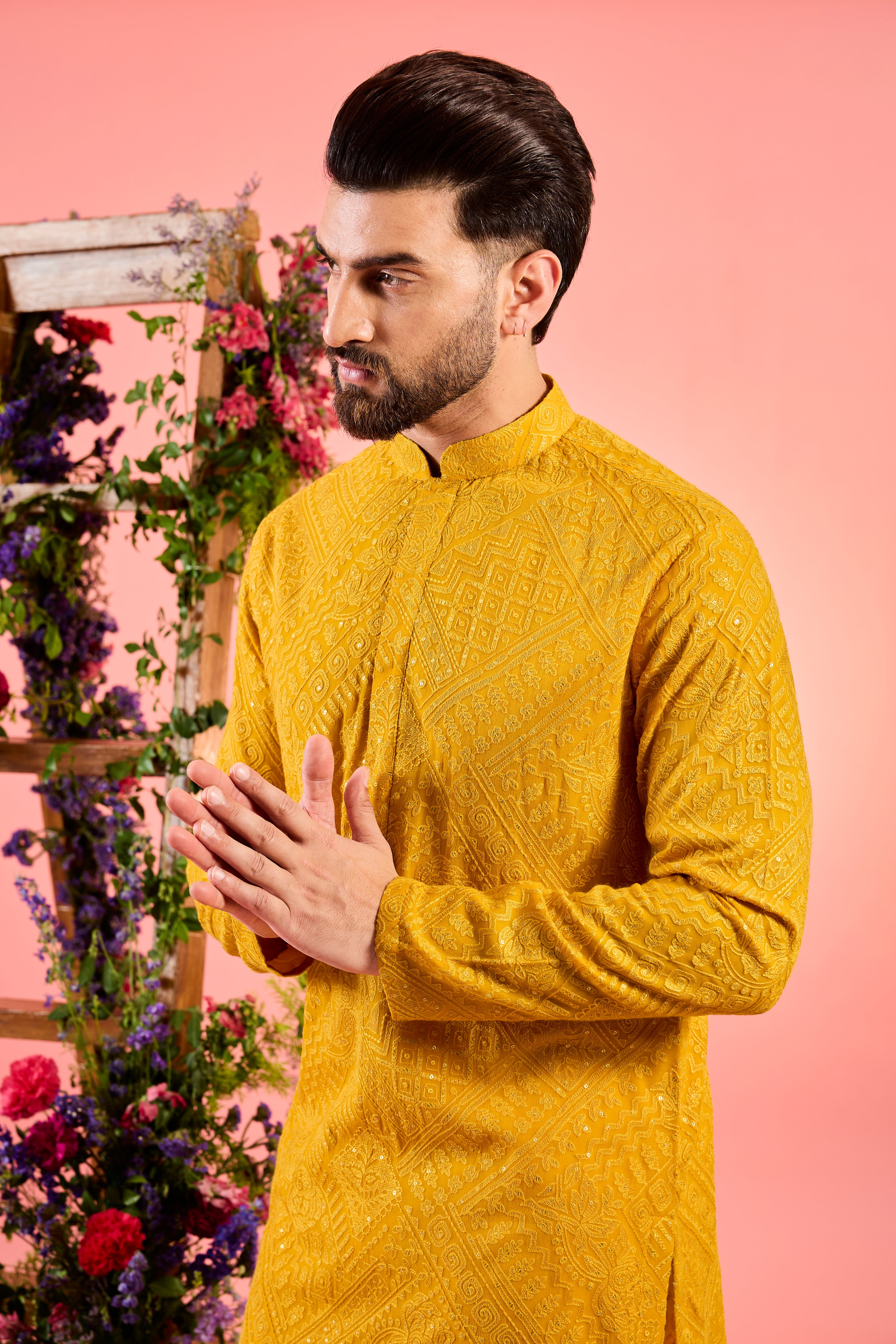 Mustard Classic Chikankari Kurta with Sequin Work - Elegant Indian Embroidered Tunic for Women - Perfect for Festivals, Weddings & Casual Wear