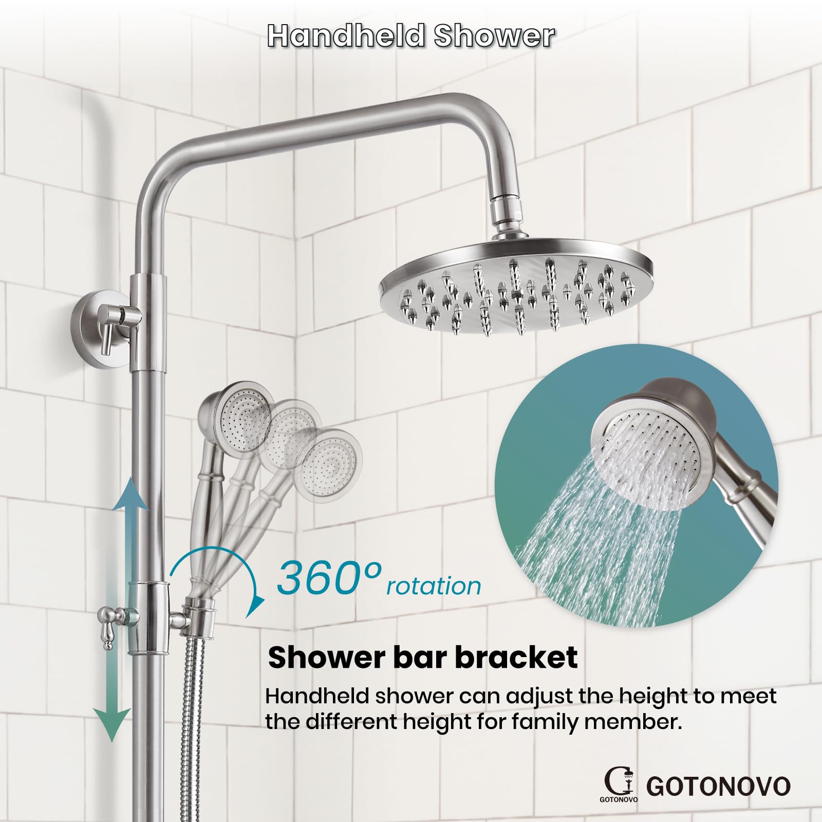 Gotonovo 8 Inch Exposed Shower Faucet Set - 3-Function Rainfall Showerhead with Tub Spout & Cross Handles - Brushed Nickel Shower System for Bathroom Remodel & Spa Experience