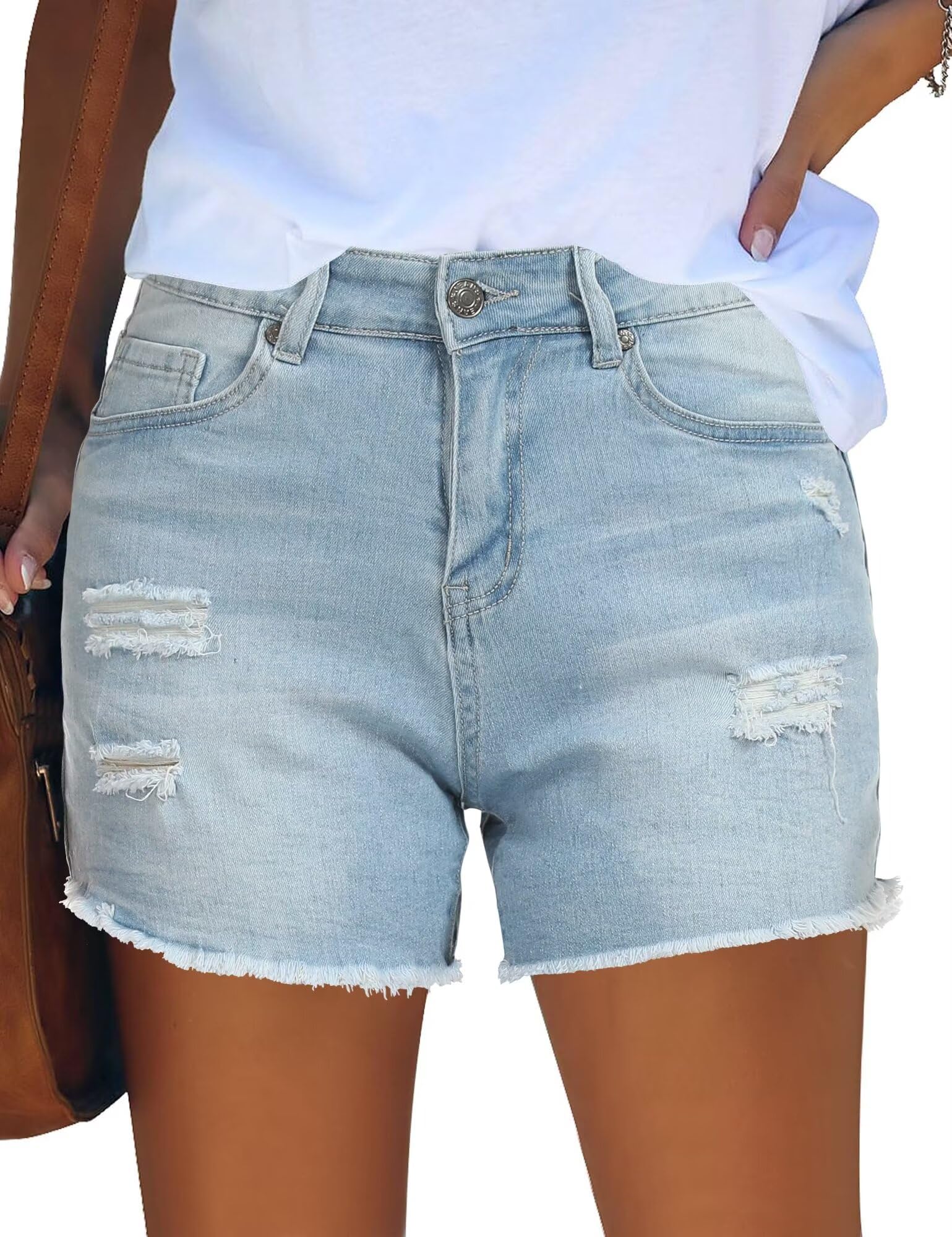 QACOHU Women's 2024 High Waisted Ripped Denim Shorts - Stretchy Comfort Summer Jean Shorts for Casual Wear | Perfect for Beach, Shopping & Outdoor Activities