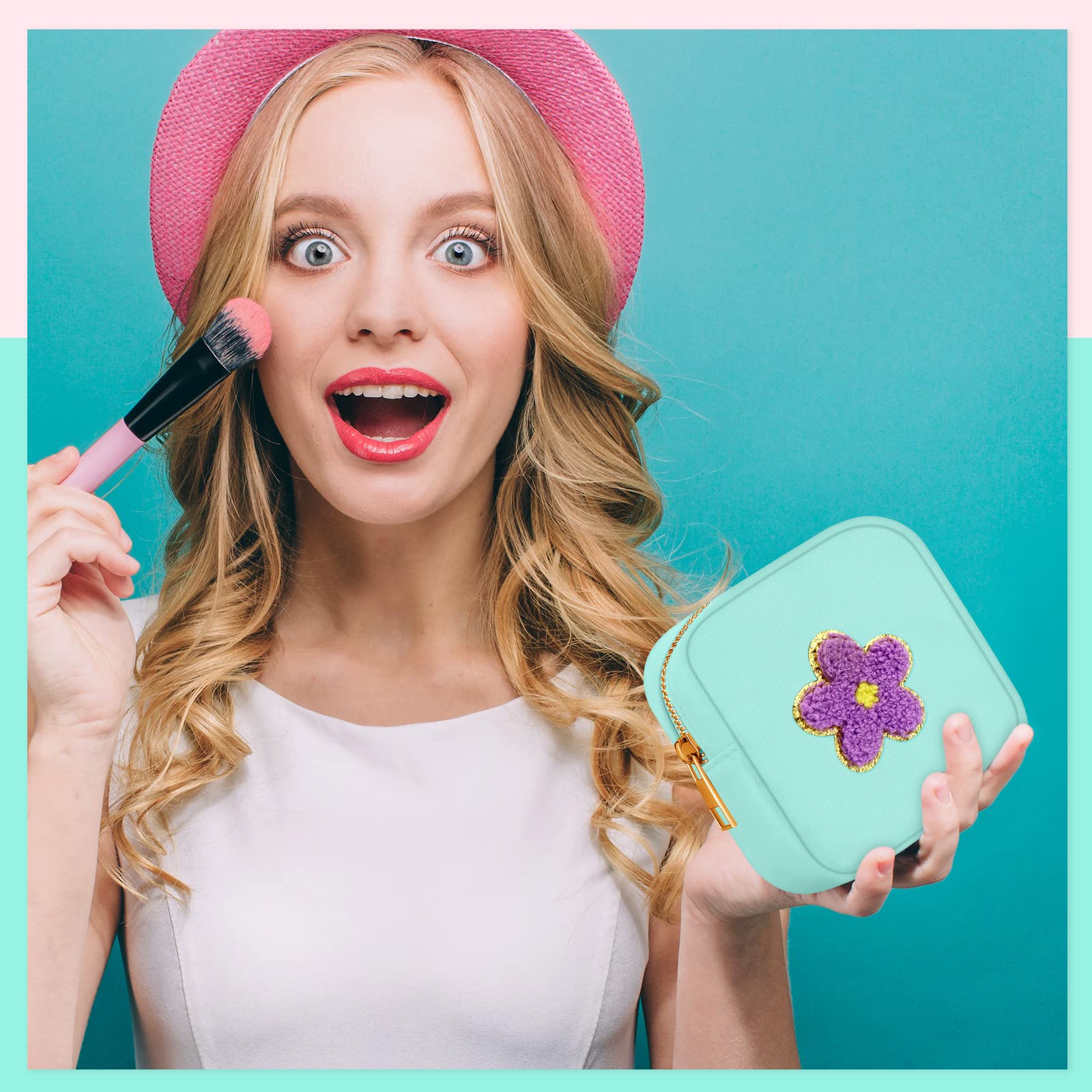 Sumind 9-Piece Nylon Mini Preppy Makeup Bag Set - Chenille Letter Cosmetic Pouch, Travel Toiletry Organizer with Zipper for Women (9 Colors) | Perfect for School, Gym, Travel & Daily Essentials Storage
