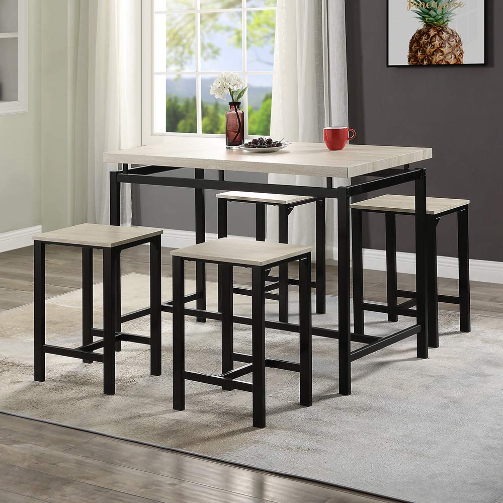5-Piece Modern Counter Height Dining Table Set with 4 Chairs - Rockjame Pub Table for Kitchen, Breakfast Nook & Bar - Beige Home Furniture - Perfect for Small Spaces, Apartments & Entertaining Guests