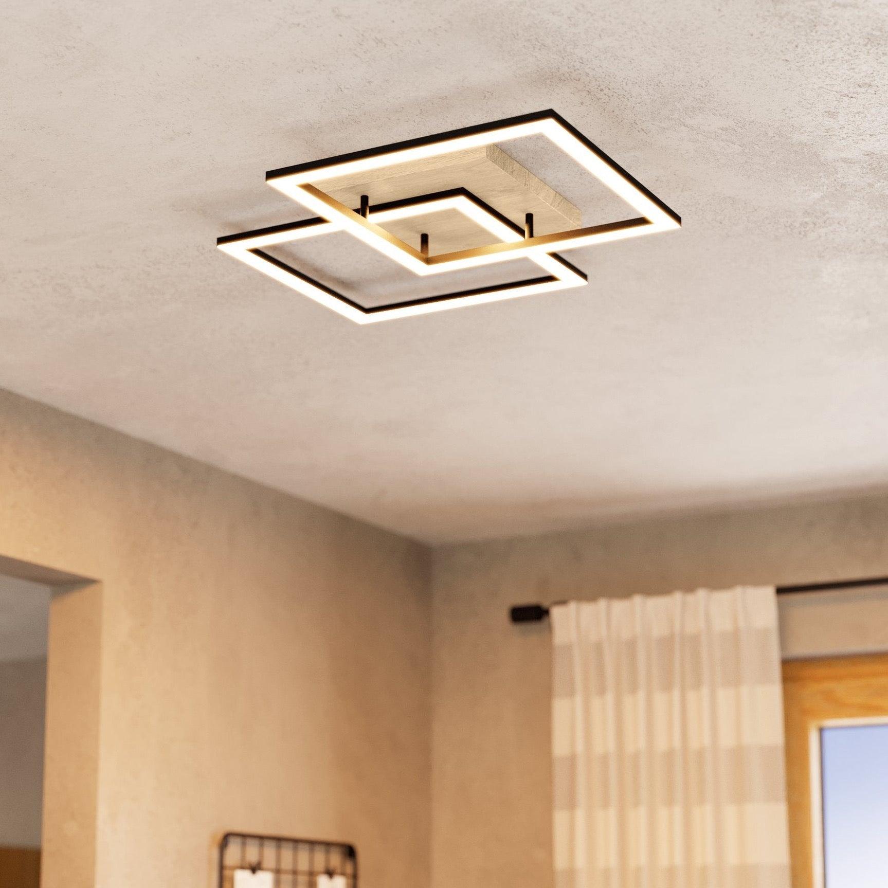 Eglo Connect Lomaltas Z Smart LED Flush Mount Ceiling Light with 2 Square Light Rings - Dimmable Oak Veneer Fixture for Bedroom, Living Room & Kitchen Lighting