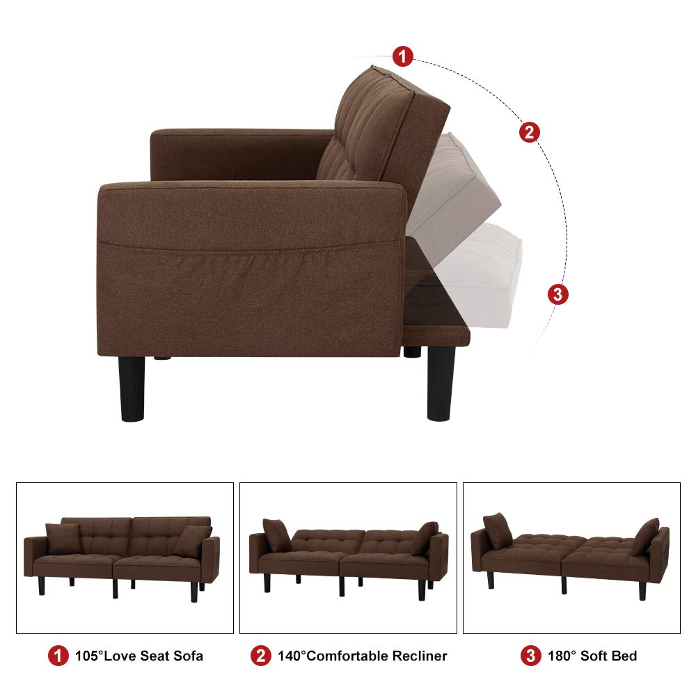 Modern Linen Convertible Futon Sofa Bed - Foldable Recliner Couch with Adjustable Back & Armrests for Living Room, Bedroom, Guest Room - Brown (Perfect for Small Spaces & Overnight Guests)