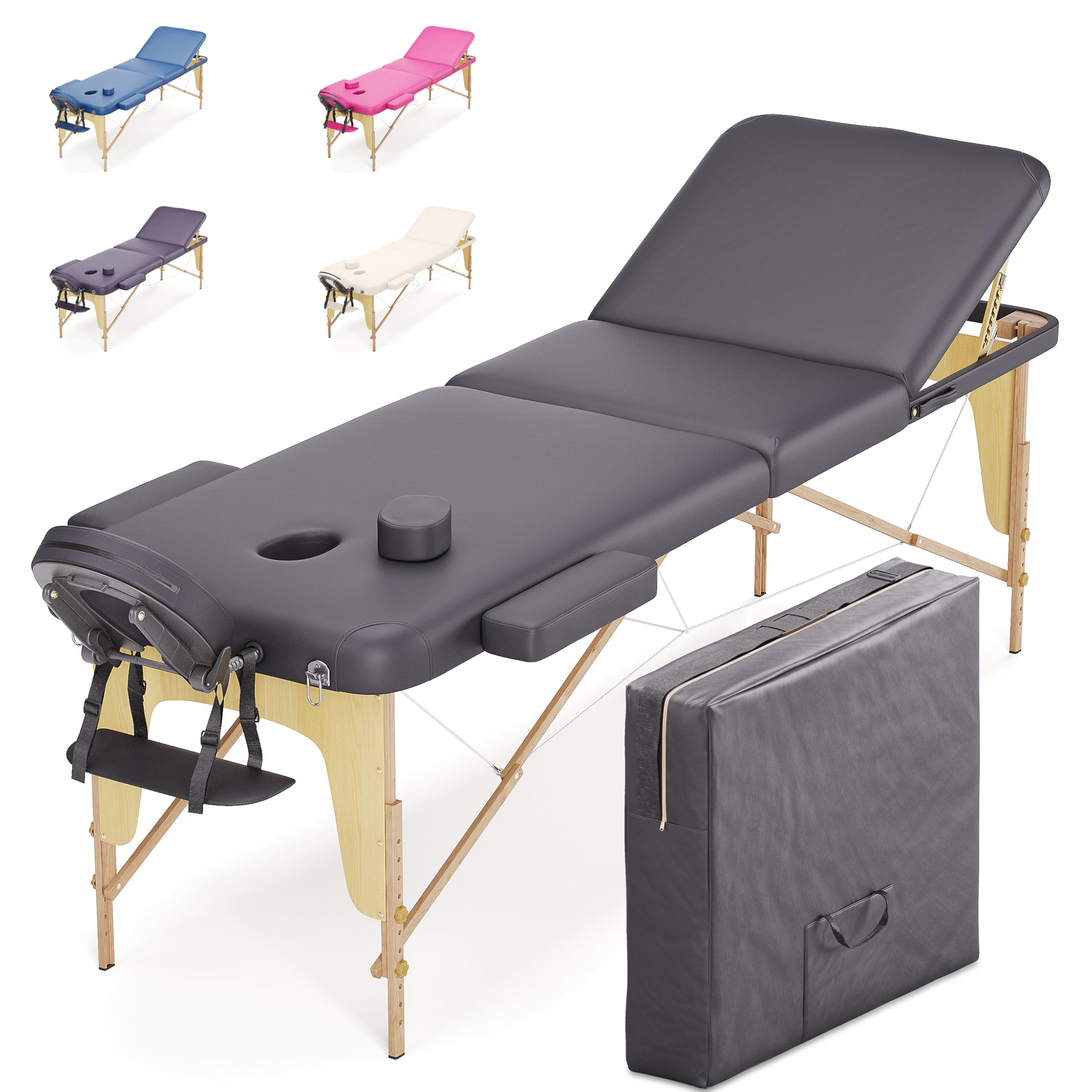 Beltom® Portable 3-Zone Wooden Massage Table 180x56cm - Only 13.3kg with 14.5kg Accessories - Rounded Reinforced Corners & Reiki Panel - For Physical Therapy & Home Use - Black | Perfect for Therapists, Spas, and Home Massage Sessions