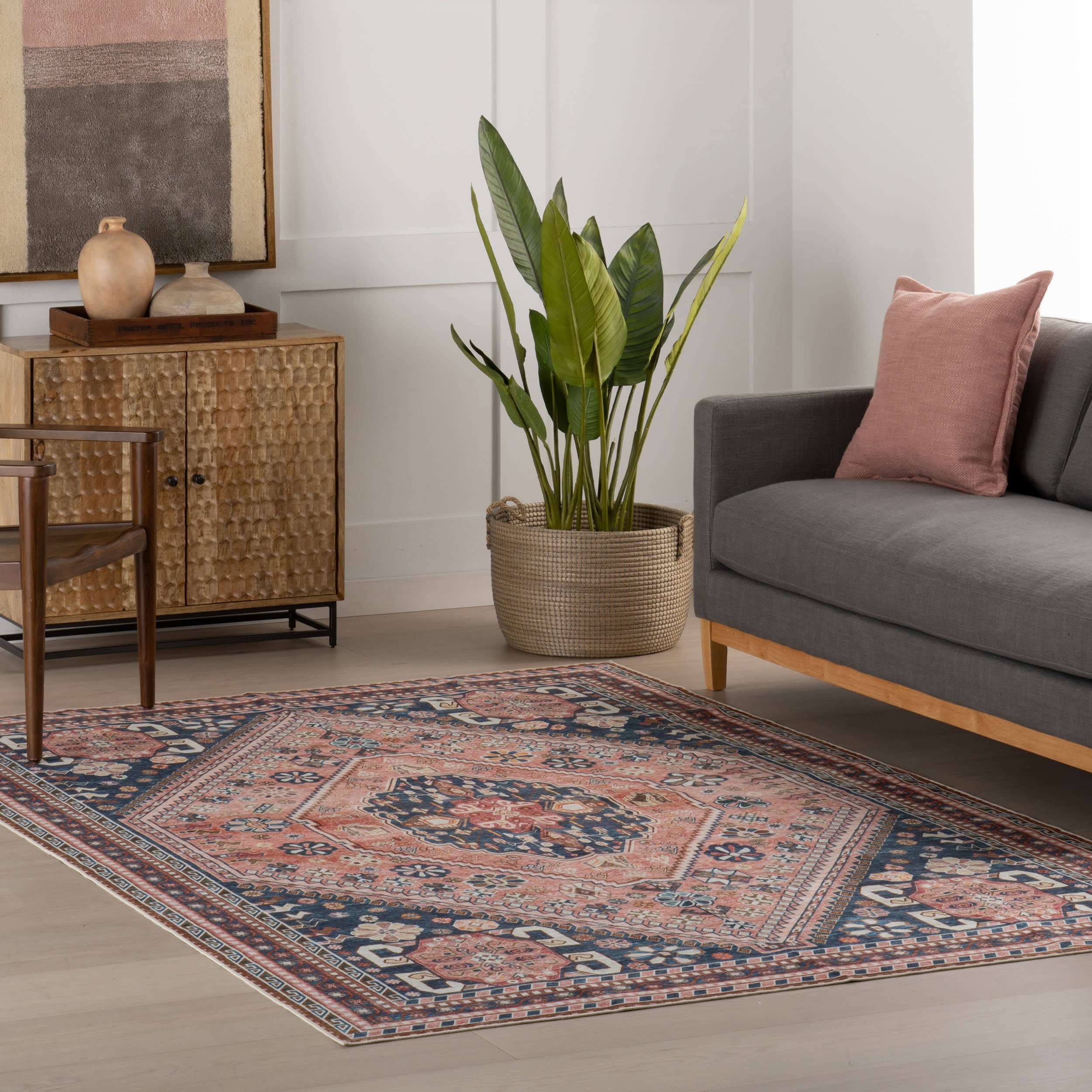 Celia Medallion Spill Proof Washable Rug - Dark Blue Non-Slip Area Rug for Living Room, Bedroom, Kitchen | Perfect for High Traffic Areas & Pet Friendly Homes