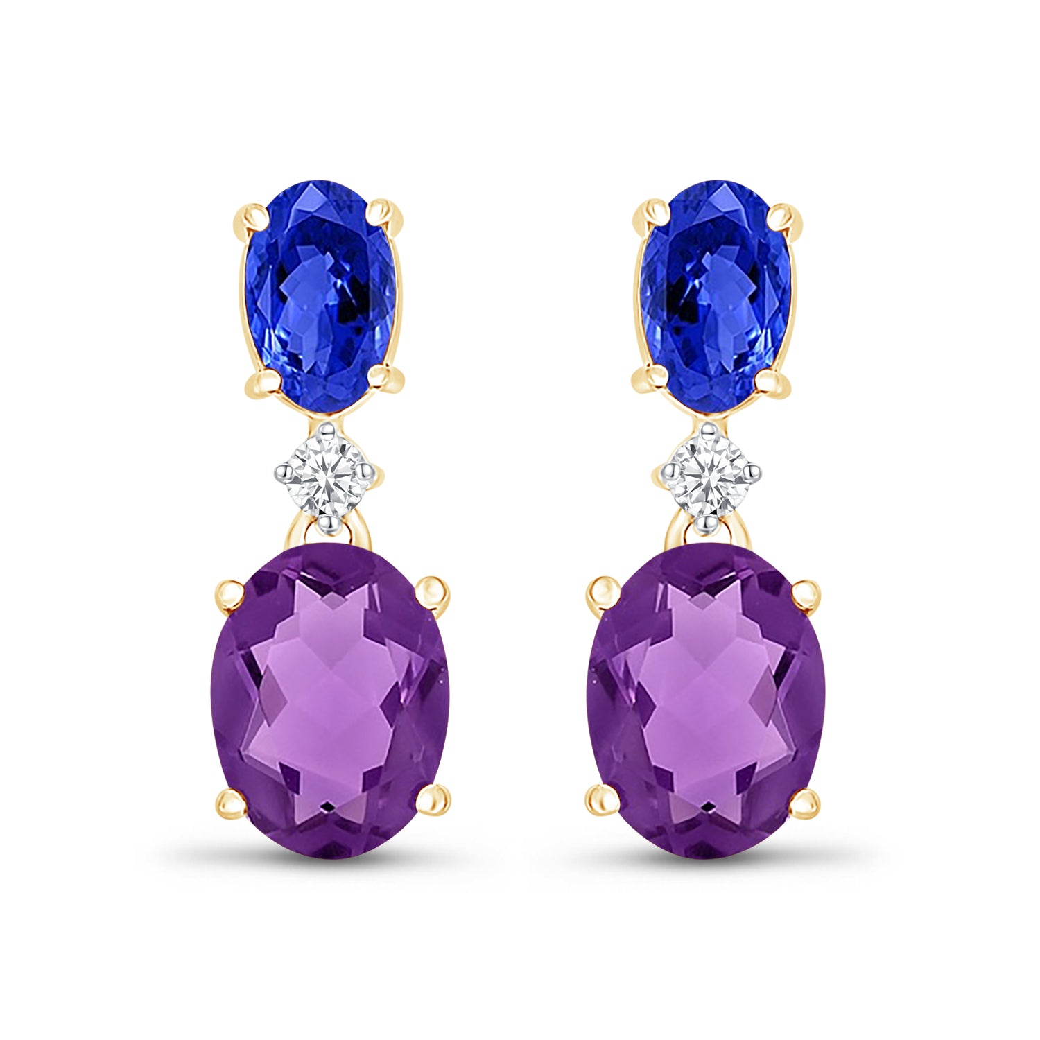 10K Yellow Gold Dangling Oval Sapphire & Amethyst Earrings for Women - Elegant Birthstone Jewelry Gift for Anniversary, Wedding & Special Occasions