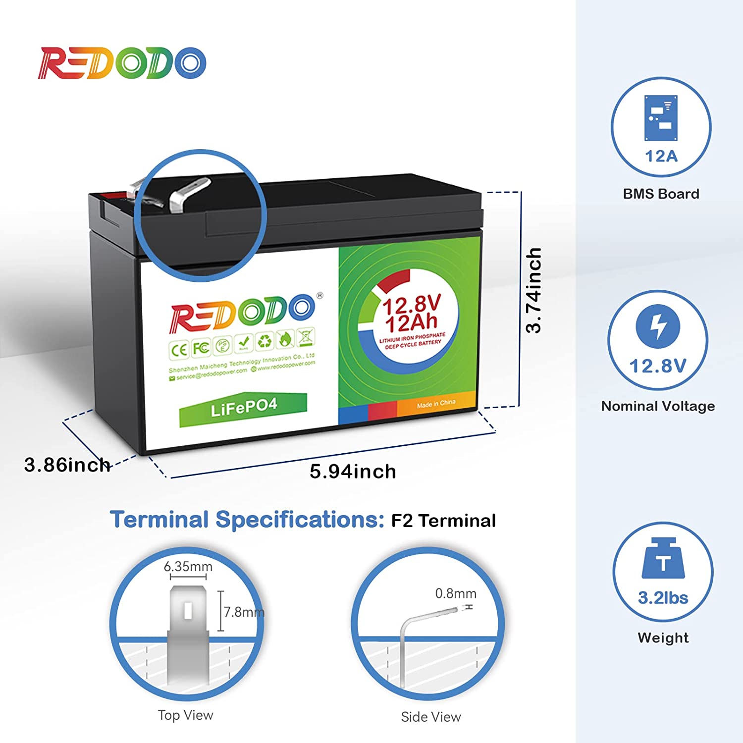 Redodo 12V 12Ah LiFePO4 Lithium Battery - Deep Cycle Rechargeable Battery for Solar Power, RV, Marine, Golf Cart & Off-Grid Applications | Long Lifespan & Lightweight Design