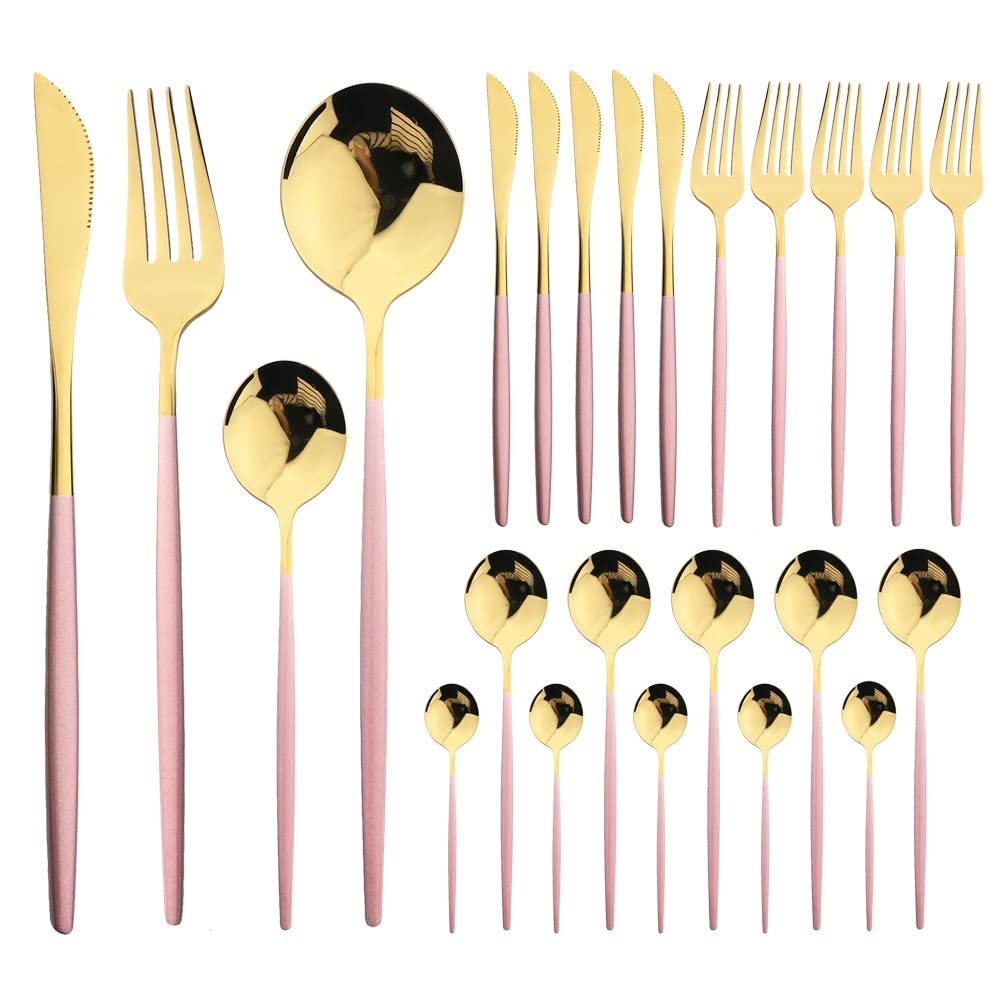 24-Piece Stainless Steel Silverware Flatware Set - Knife, Fork & Spoon Cutlery for Dining, Kitchen, Wedding & Parties (Pink Gold) - Elegant Dinnerware for Home, Restaurant & Special Occasions