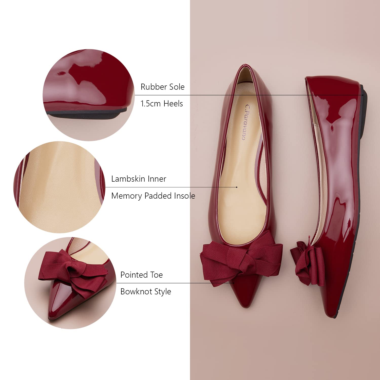 C.Paravano Women's Pointy Bow Flats - Comfortable & Stylish Slip-On Shoes for Casual Wear, Office & Work | Perfect for Business Attire, Daily Commute & Special Occasions