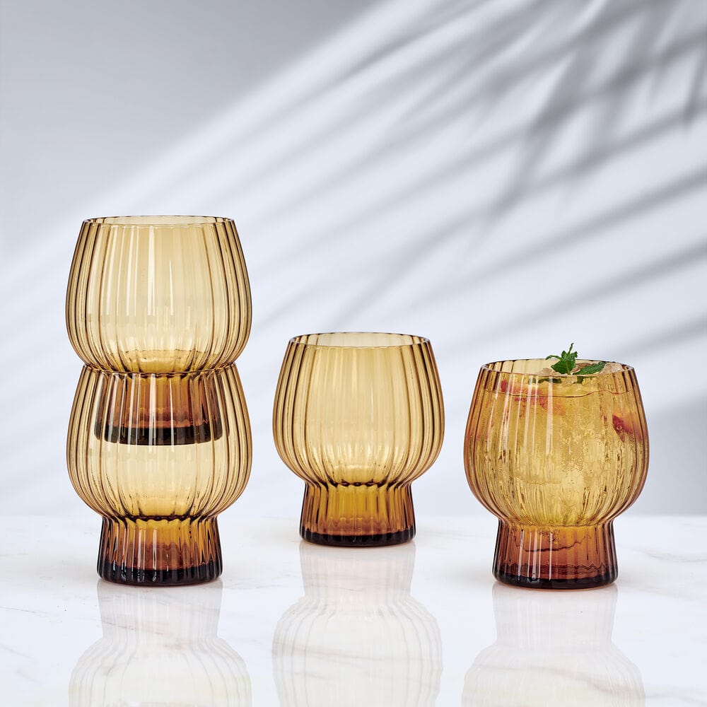 Phoebe Optic Amber Set of 4 Double Old Fashioned Whiskey Glasses - Perfect for Bourbon, Cocktails & Home Bar Decor