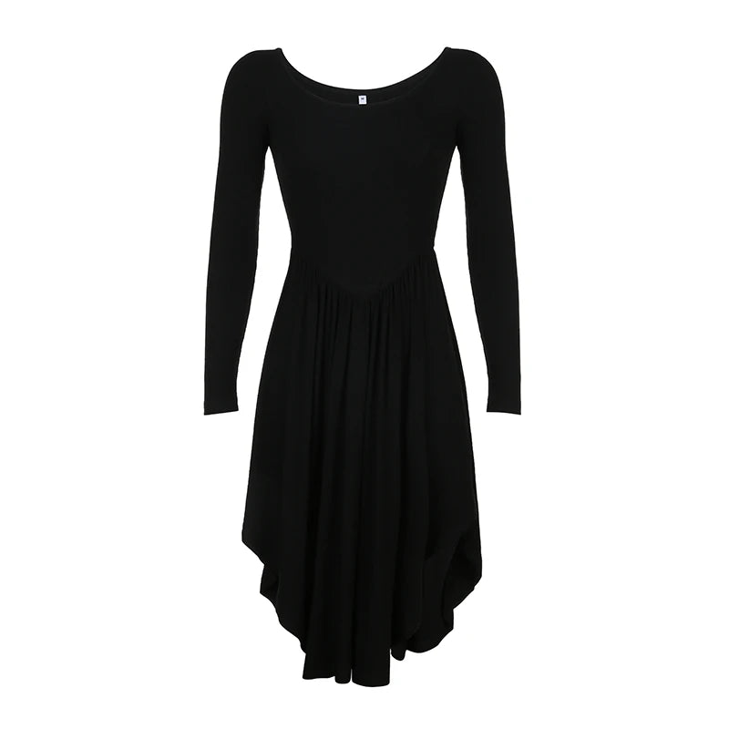 Elegant Black Off-Shoulder Asymmetrical Party Dress for Women - Midi Pleated Club Dress with Solid Color & Folds - Perfect for Autumn Events, Night Out & Special Occasions