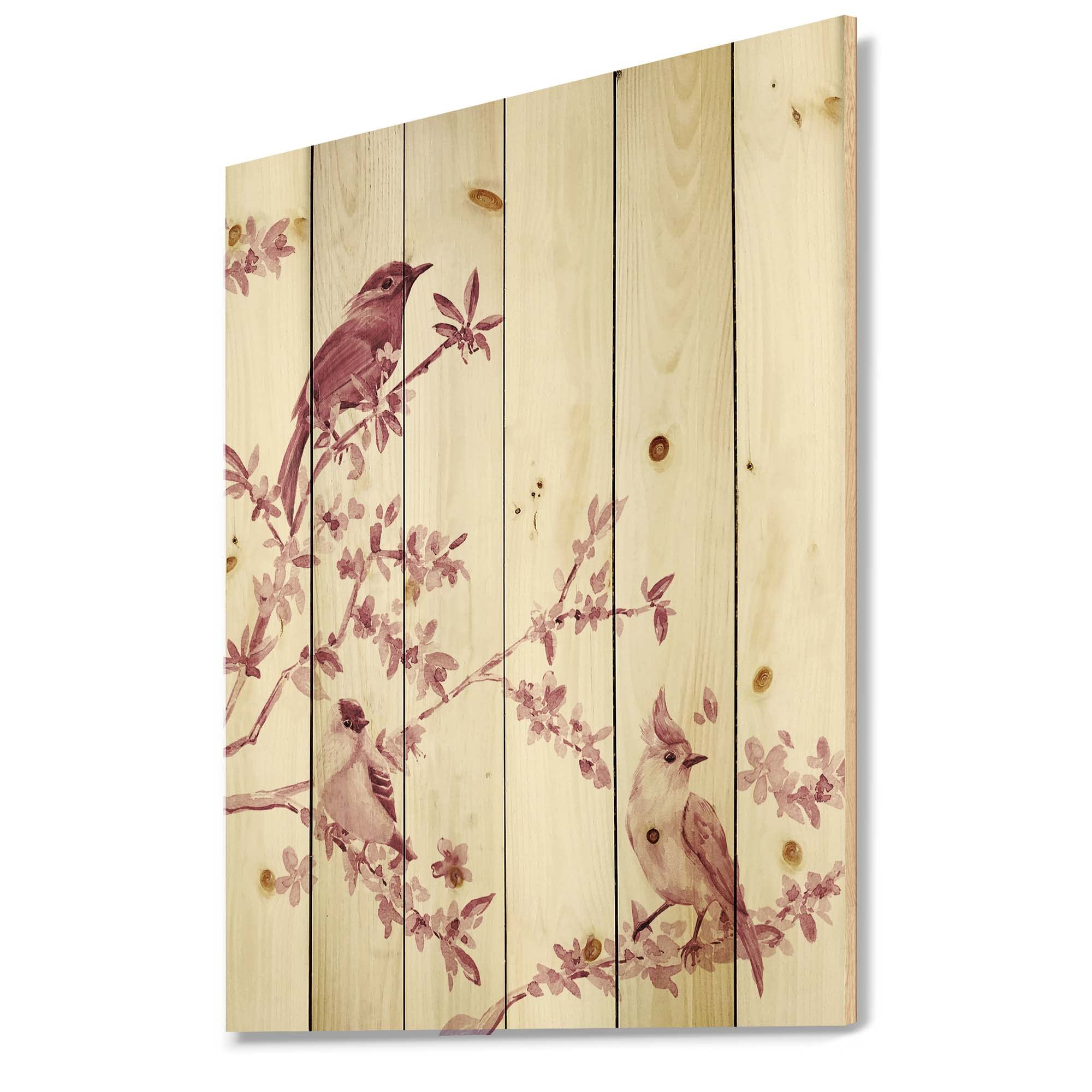 DesignQ Pink Birds Traditional Wood Wall Decor - Handcrafted Pine Wood Art Panel with Large Animal Prints - Perfect for Living Room, Bedroom & Nursery Decor