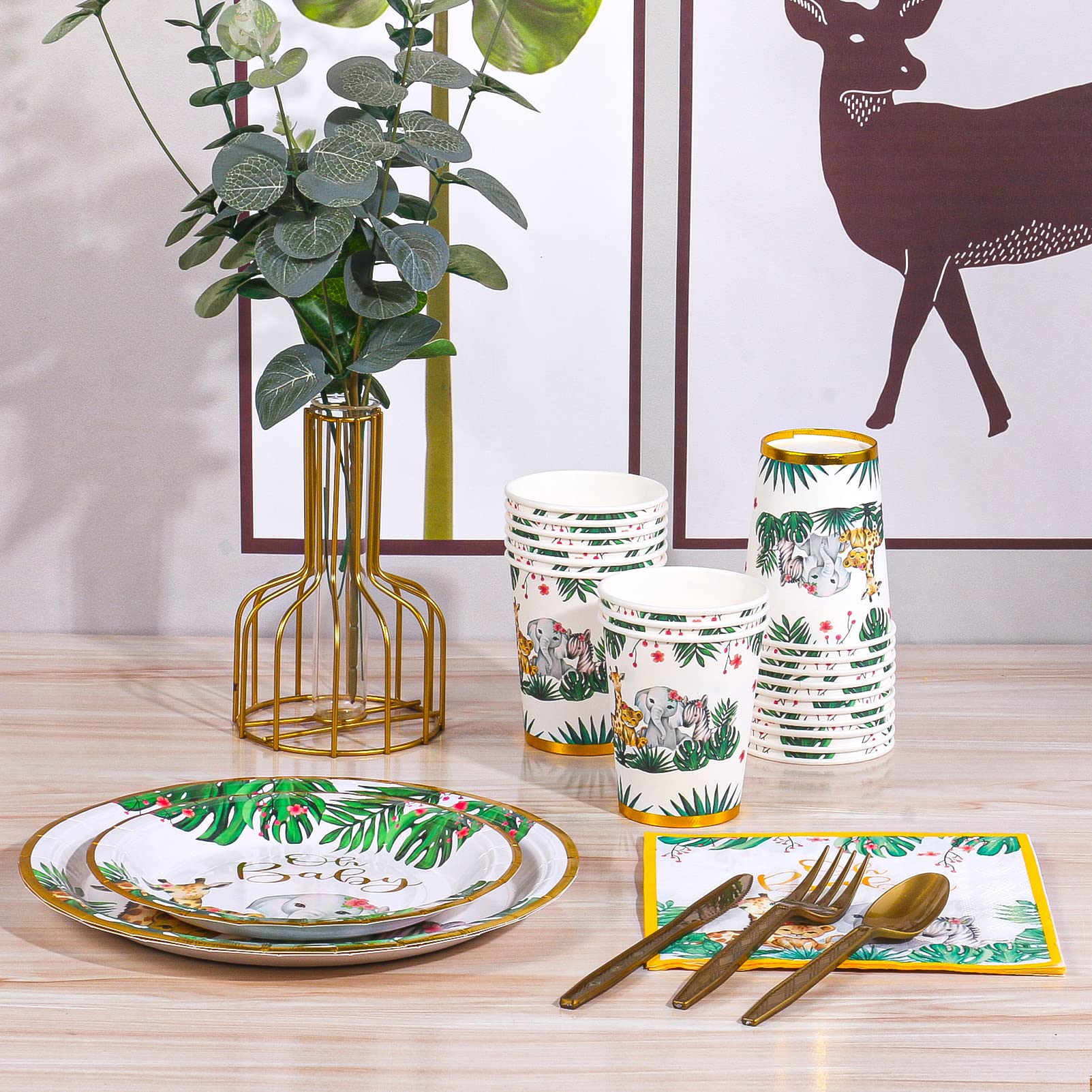 Atonofun Safari Party Supplies Set - 24-Piece Jungle Baby Shower Plates, Cups, Napkins & Cutlery for Safari Birthday Decorations & Jungle Themed Parties - Perfect for Baby Showers, Birthday Celebrations & Wild Animal Theme Events
