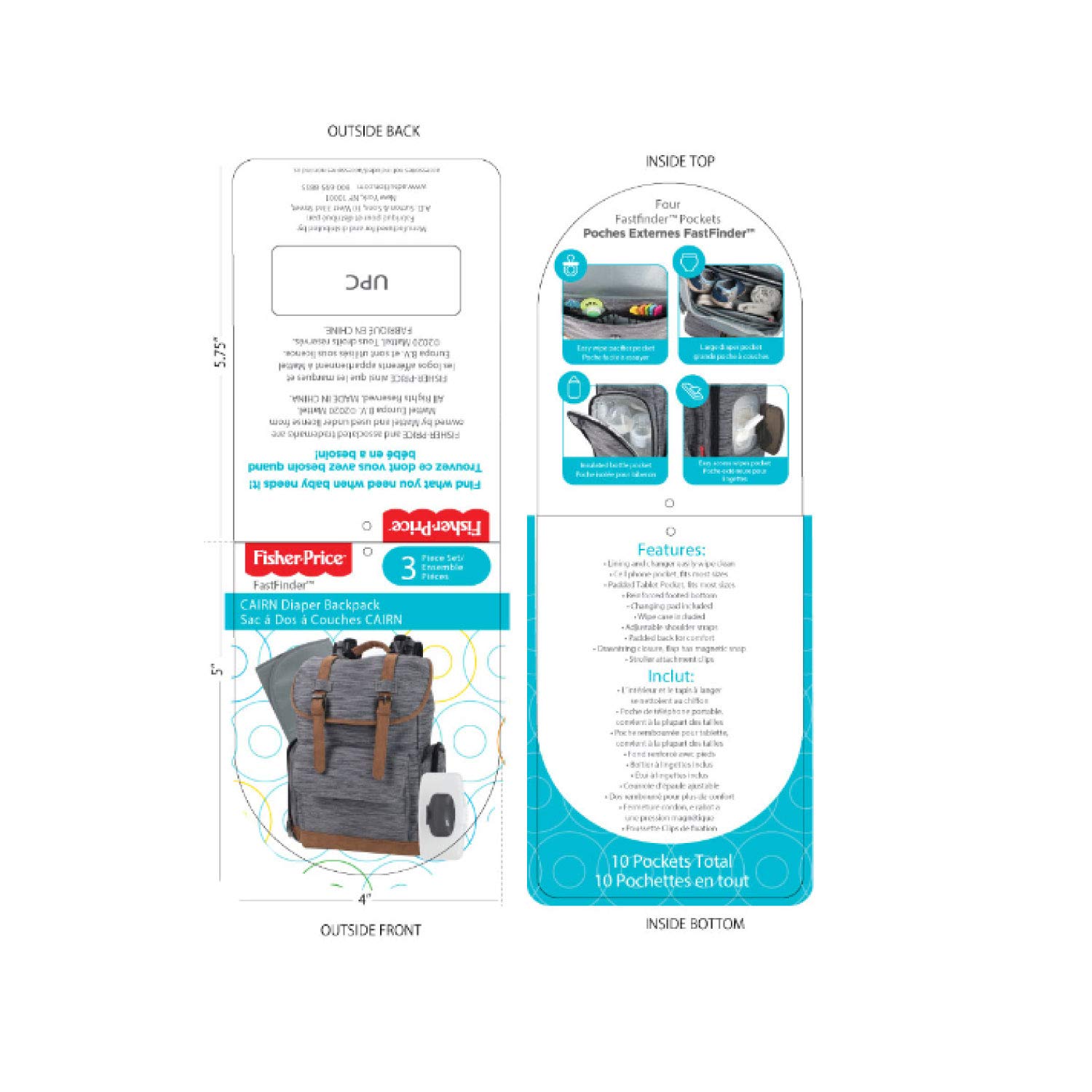 Fisher-Price Insulated Baby Backpack with Drawstring, Stroller Clips & Wipe Storage Pocket - Light Gray Cairn Design for Diaper Bags, Daycare & Travel Essentials