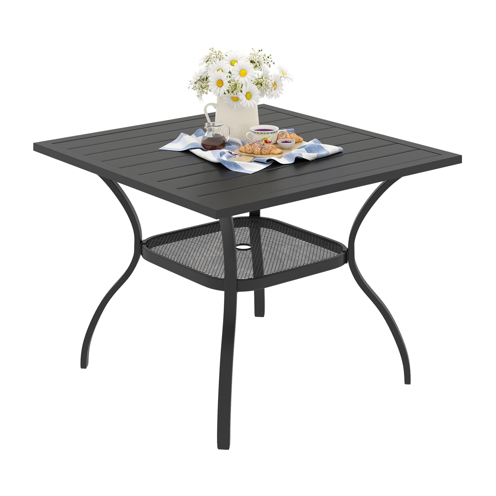 VICLLAX 4-Person Square Metal Patio Dining Table with Umbrella Hole & Storage Shelf - Outdoor Garden, Lawn, Balcony, Deck Furniture (Black) - Perfect for Backyard BBQs, Poolside Dining, and Outdoor Entertaining