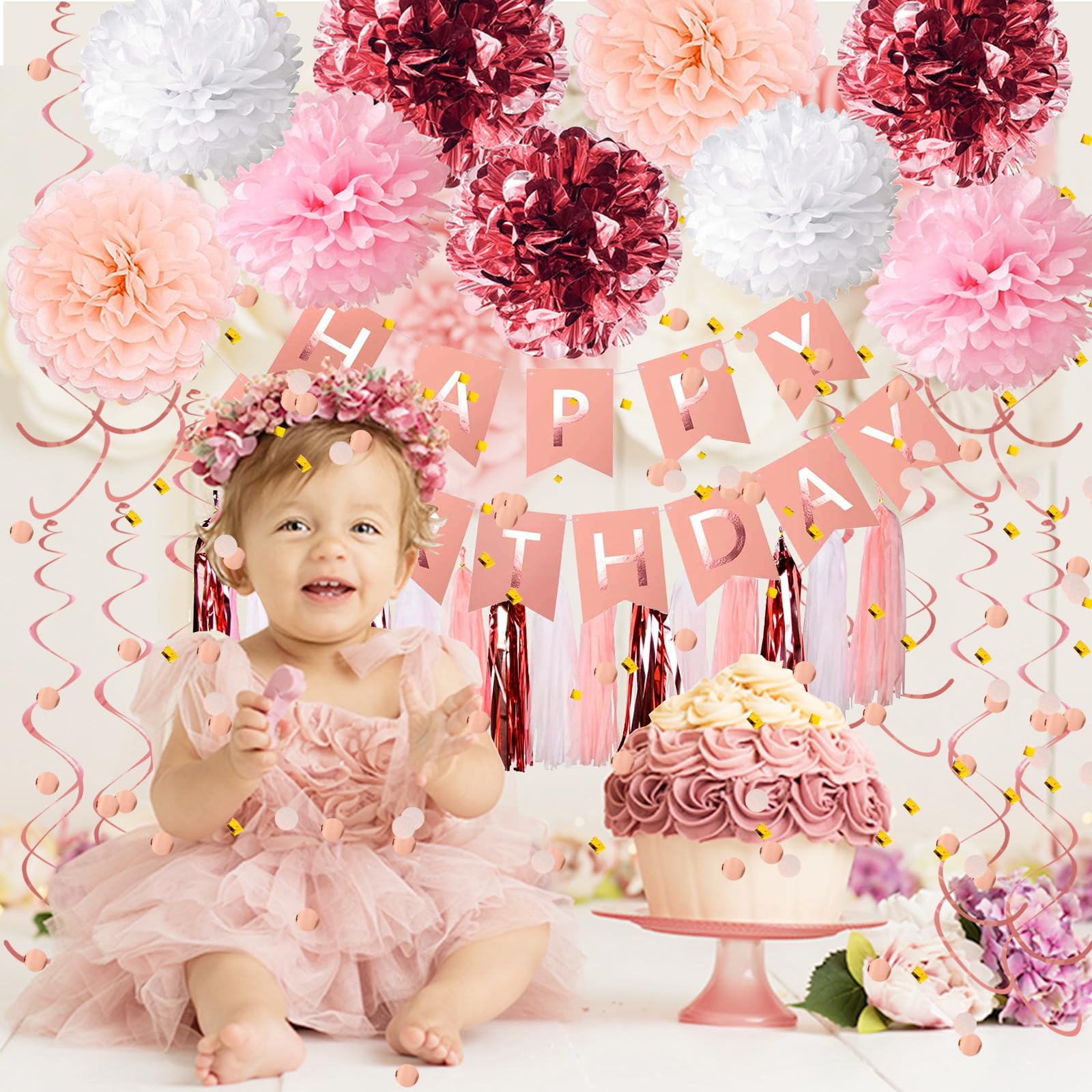 Elegant Rose Gold Birthday Decorations for Women - Happy Birthday Banner, Tissue Paper Pompoms, Hanging Swirls, Confetti & Tassels | Perfect for Women's Birthday Parties, Bridal Showers & Baby Showers