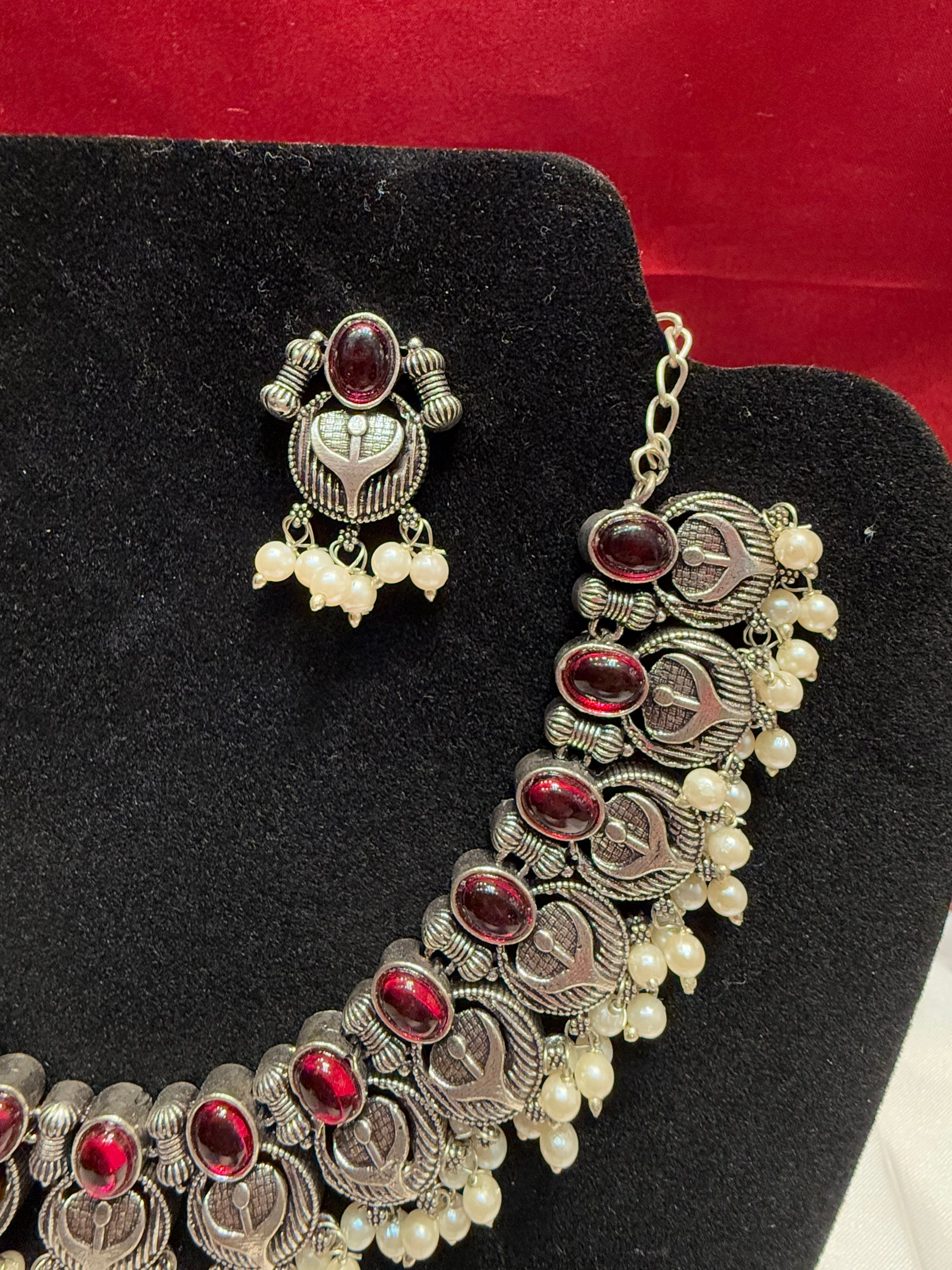 Elegant Oxidized Maroon Stone Beaded Necklace & Earrings Set | Handmade Bohemian Jewelry for Women | Perfect for Weddings, Parties & Everyday Wear
