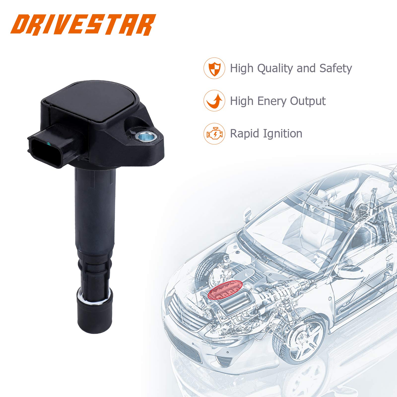 DRIVESTAR UF400 Ignition Coil Pack - Compatible with 2003-2005 Honda Pilot, 2006-2008 Ridgeline, 2001-2009 Acura MDX 3.5L 3.7L V6 - Set of 4 Replacement Coils - Direct Fit for C1460 UF-400 - Improves Engine Performance & Fuel Efficiency