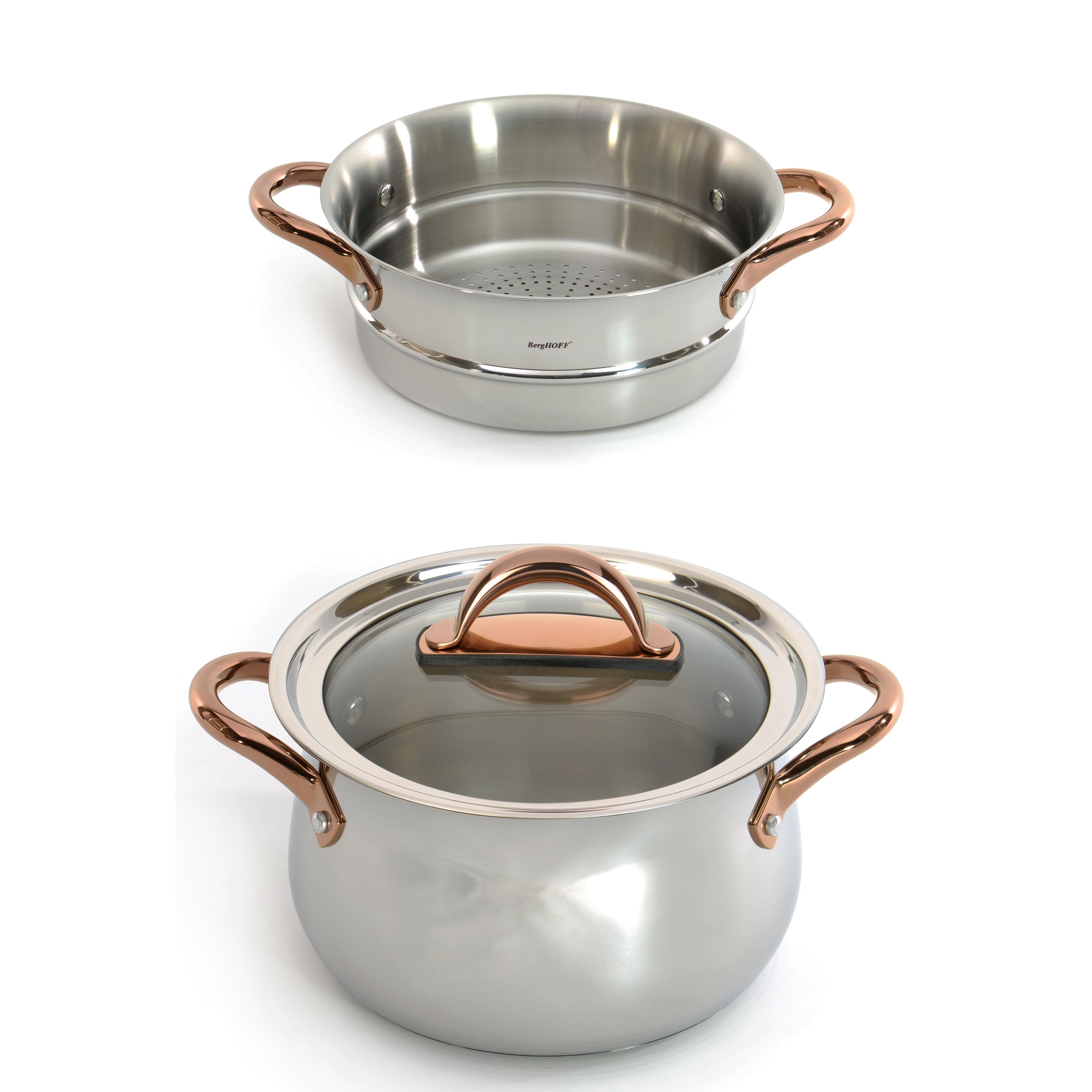 BergHOFF Ouro Gold 3-Piece 18/10 Stainless Steel Steamer Set with Glass Lid & Rose Gold Handles - Perfect for Steaming Vegetables, Seafood, and Dumplings in Modern Kitchens
