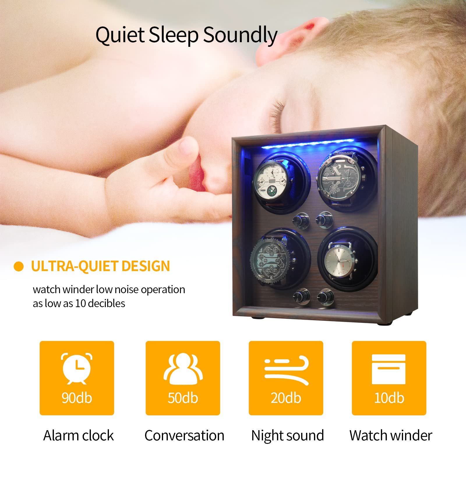 Oryx 4 Watch Winder - Wooden Automatic Watch Case with 5 Modes & LED Light for Home/Office