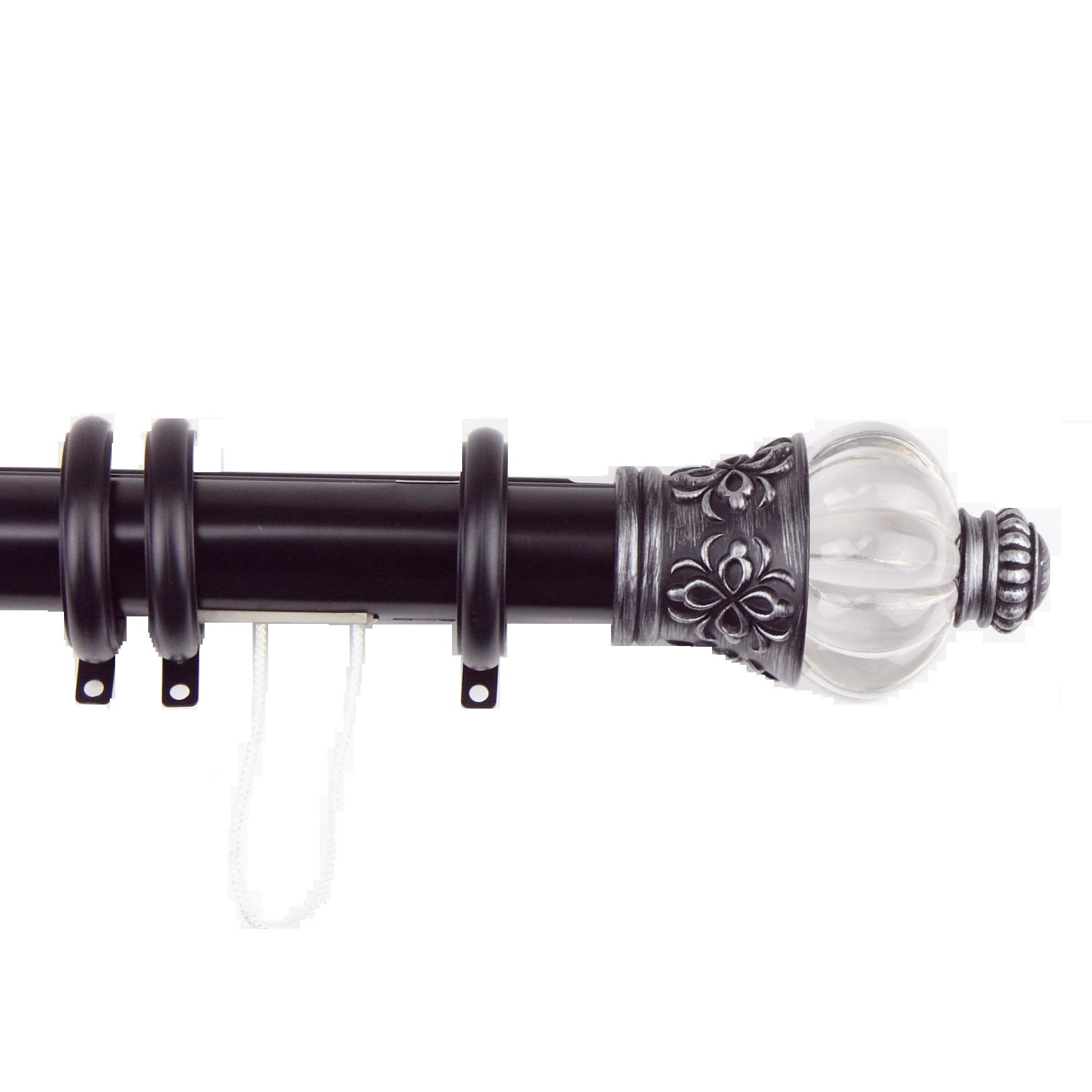 Decorative Traverse Curtain Rod with Rings & Majestic Finial - Adjustable 48 to 84 Inches - Black - Perfect for Living Room, Bedroom & Window Treatments