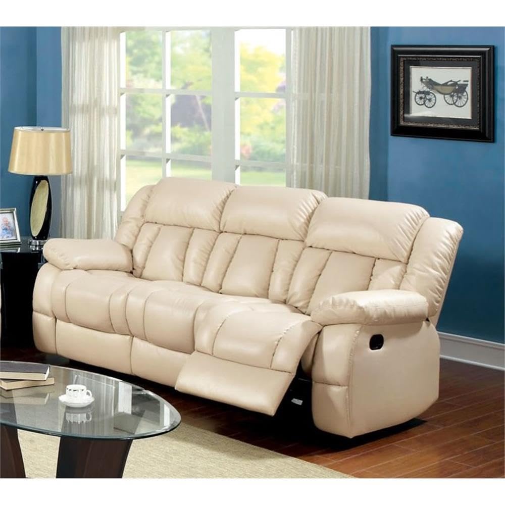 Frey Transitional Faux Leather Reclining Sofa in Ivory - Modern Living Room Furniture for Comfortable Relaxation | Perfect for Home Theater & Family Gatherings