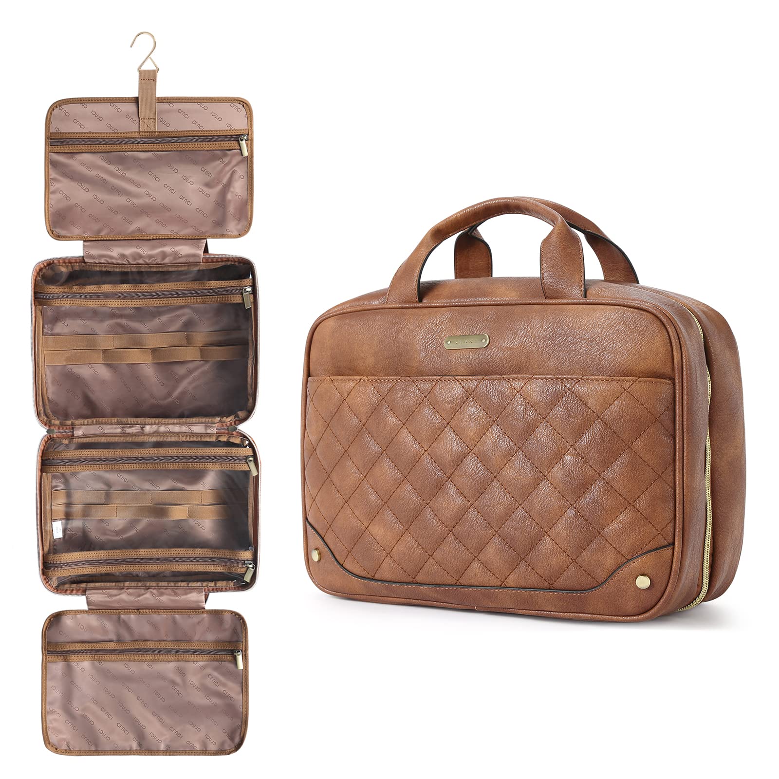 Premium Leather Toiletry Bag for Women - Waterproof Travel Cosmetic Organizer with Hanging Hook & Full-Sized Container | Perfect for Vacation, Business Trips & Gym Essentials