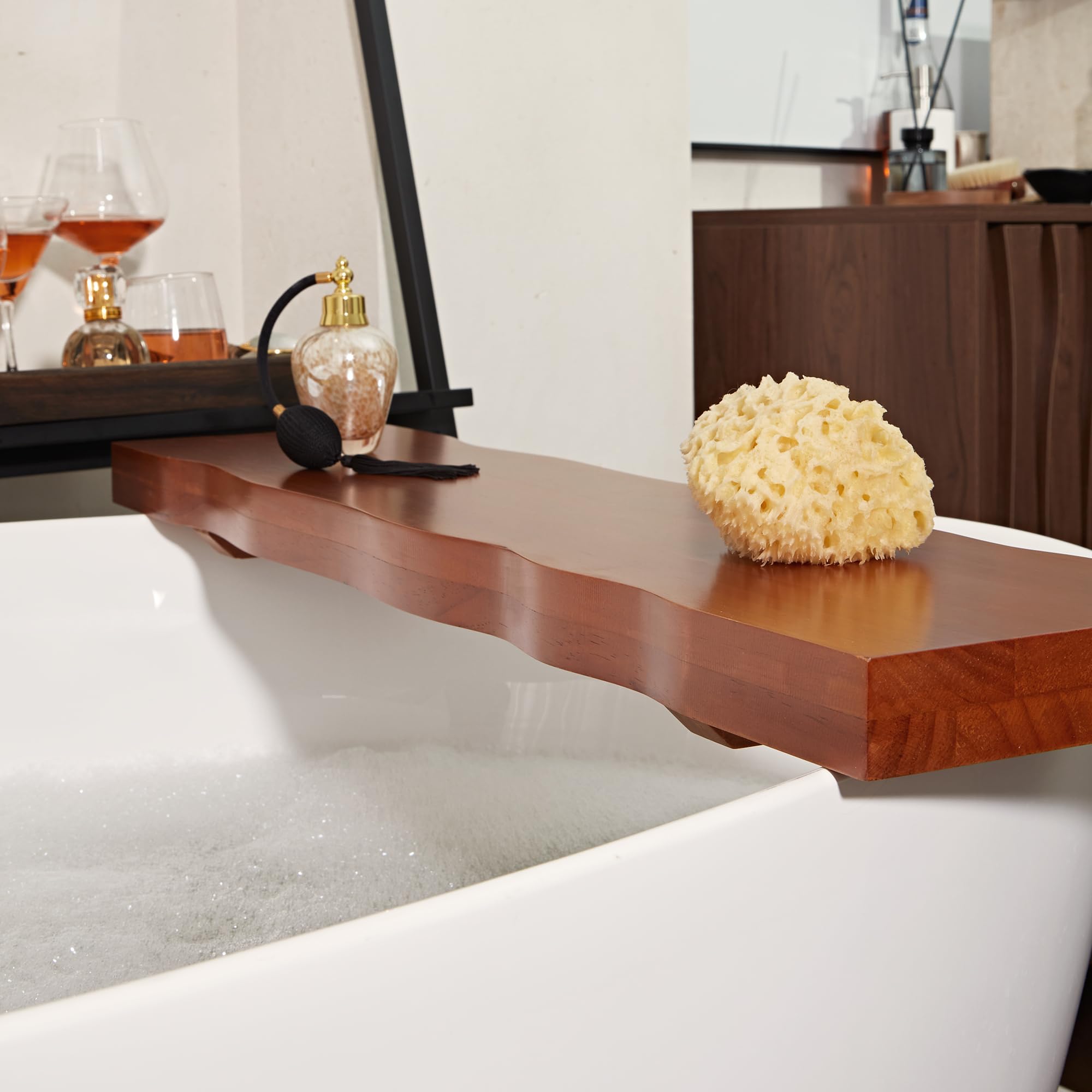 Premium Teak Wood Bath Caddy with Adjustable Track & Rustic Live Edges - Dark Wood Bathtub Tray for Bath Accessories | Perfect for Relaxing Baths, Spa Days & Luxury Bathroom Decor
