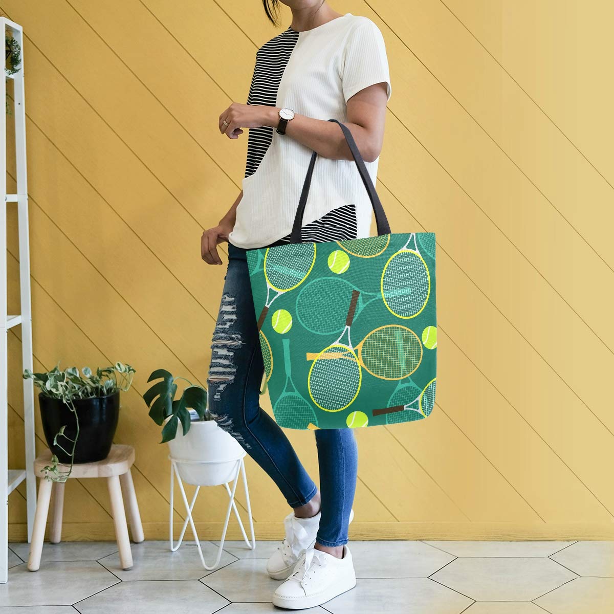 ALAZA Women's Tennis Canvas Tote Bag - Stylish Shoulder Handbag for Work, Shopping & Gym - Durable Casual Purse for Everyday Use, Commuting & Travel Accessories
