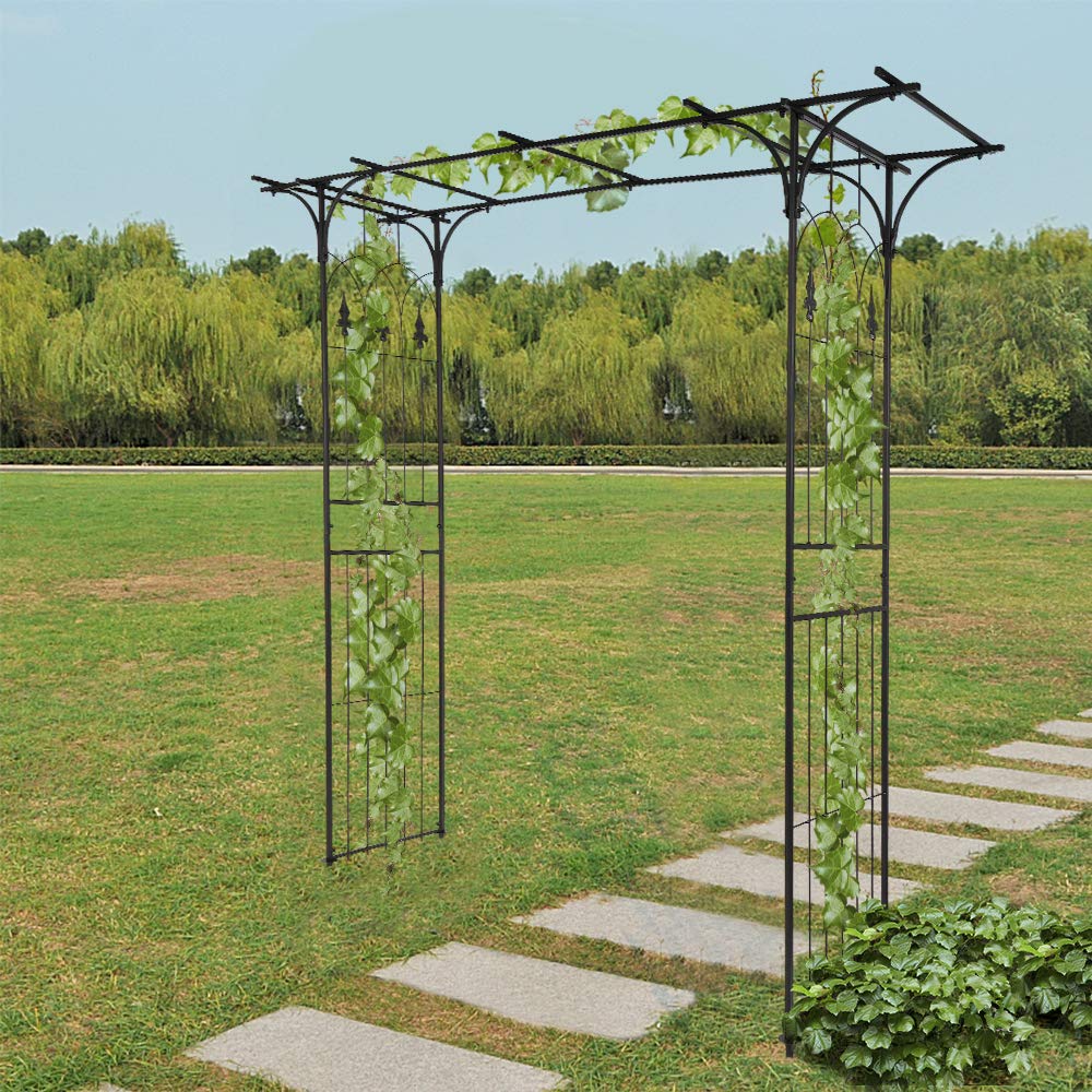 Wrought Iron Garden Arch Trellis for Climbing Plants - Flat Roof Design for Outdoor Vine Support | Perfect for Roses, Ivy & Wedding Decorations