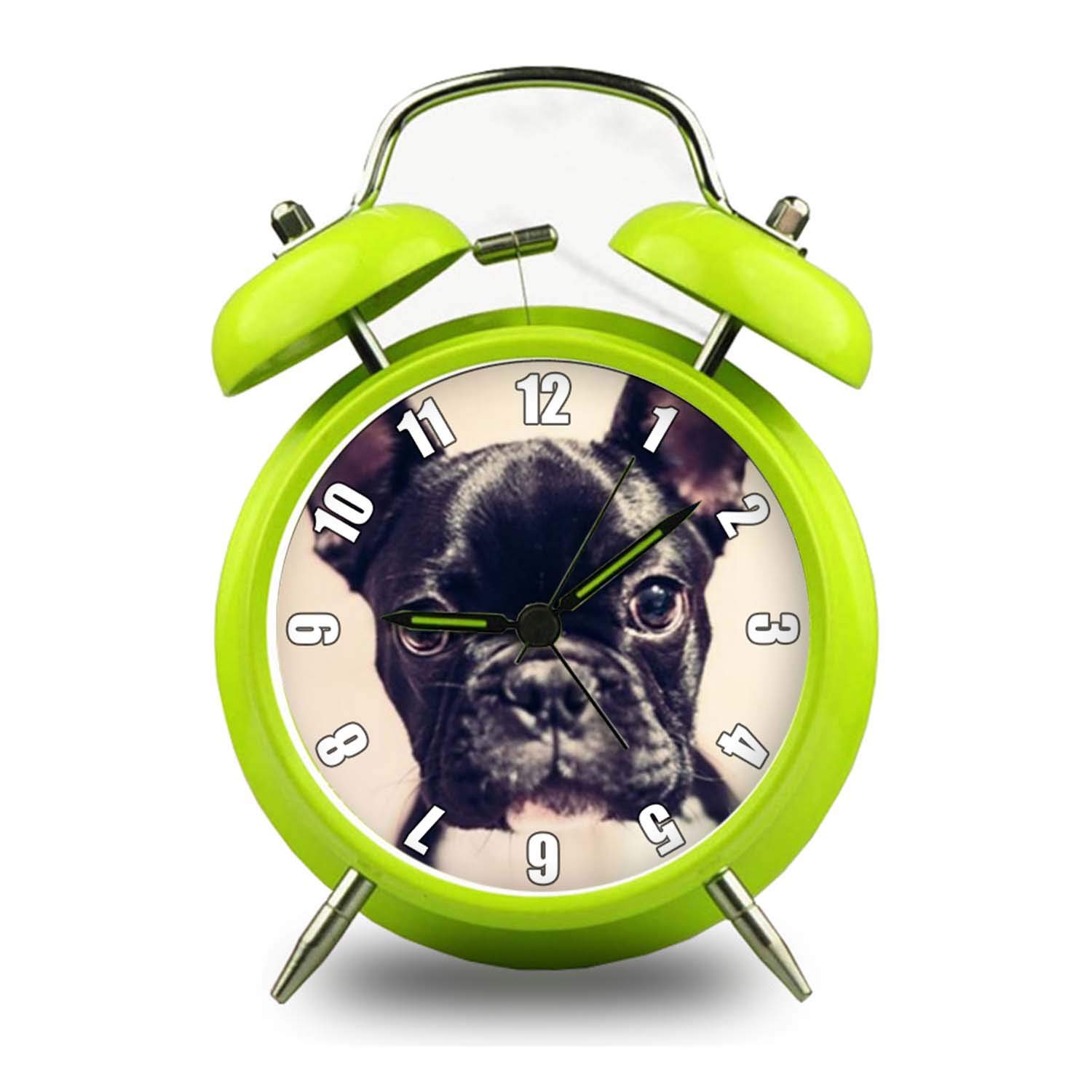Vintage Double Bell Alarm Clock - 4 Color Cute Round Retro Design, Loud Ringing, Portable Desktop & Bedside Decor for Kids - Perfect Gift for French Bulldog Lovers (Green) | Ideal for Bedrooms, Offices, and Nursery Rooms