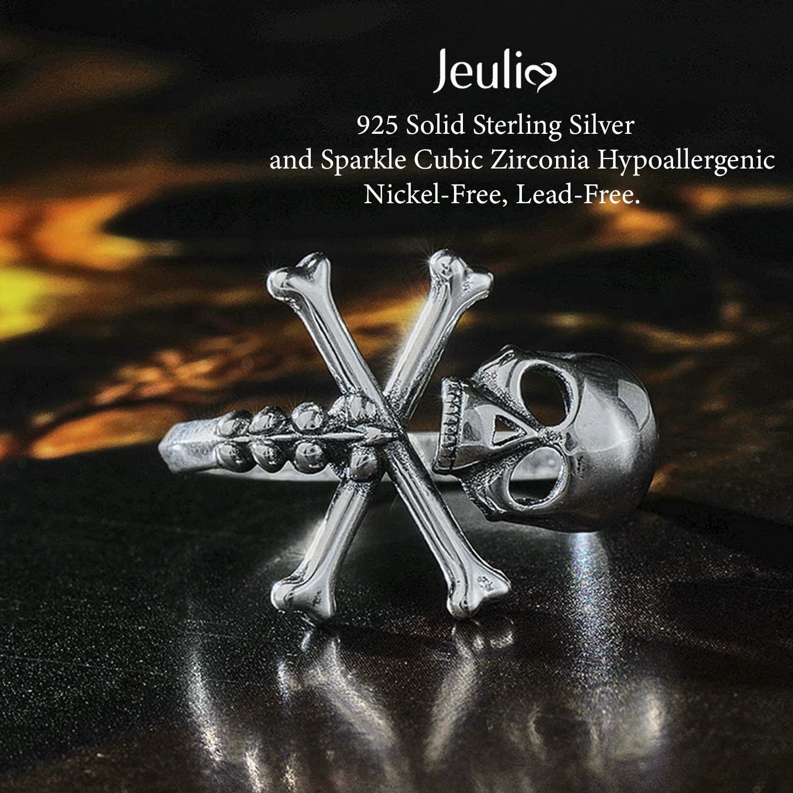 Gothic Black Skull Ring Sterling Silver Jolly Roger Skeleton Band Ring for Women & Men - Halloween Jewelry, Couple Rings, Engagement & Anniversary Gift with Box (Perfect for Gothic Fashion, Punk Style & Halloween Costume Accessories)