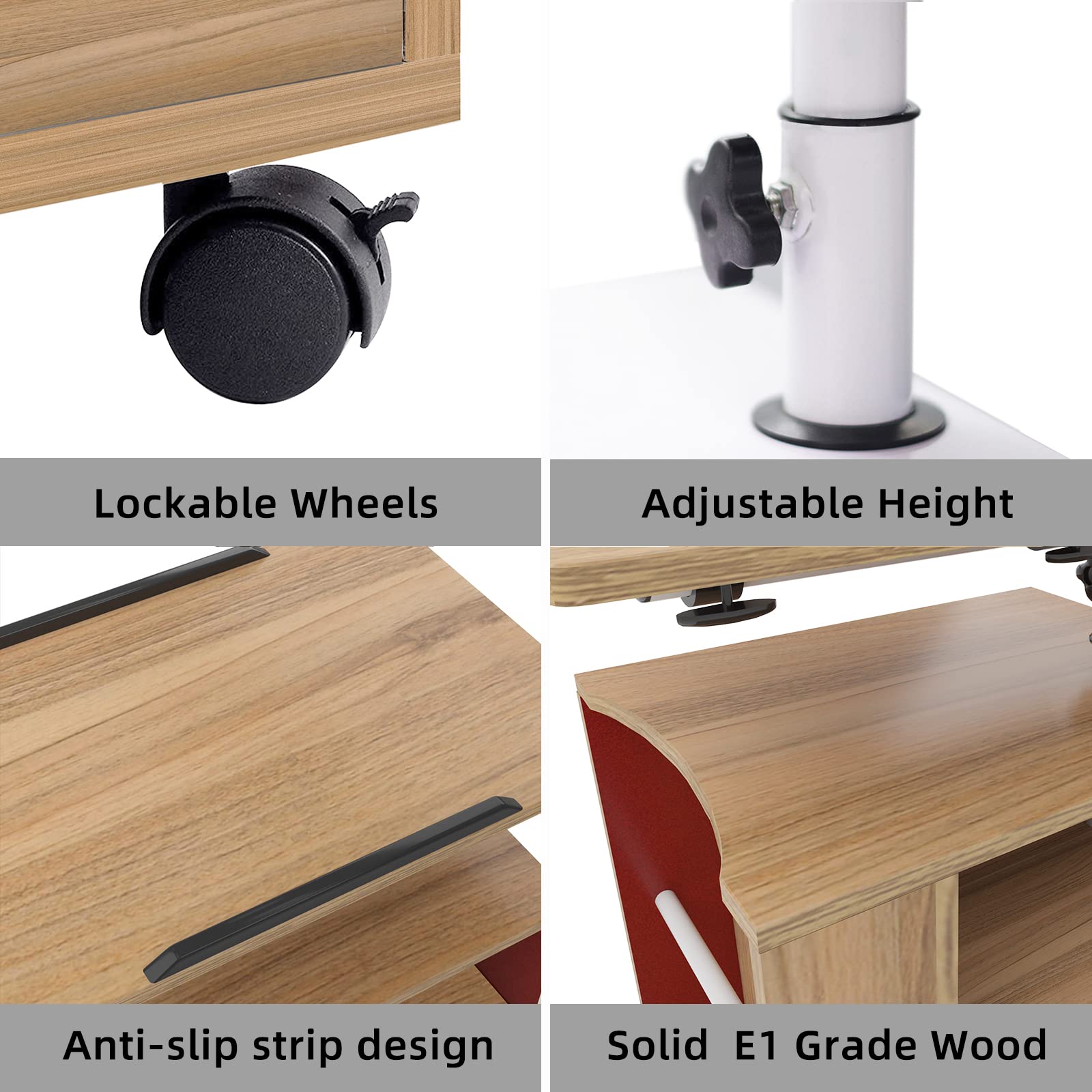 Adjustable Height Nightstand with Storage Drawer & Shelf - Mobile Coffee Table, Sofa Table & Bedside Table for Living Room, Bedroom & Office - Solid Oak Wood - Perfect for Small Spaces, Apartment Living & Home Office Organization