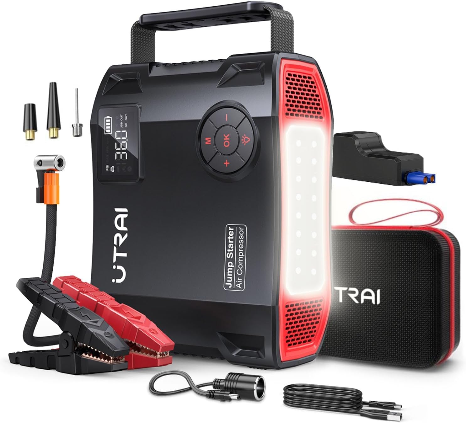 6000A 27000mAh Portable Car Jump Starter with Air Compressor - 150PSI Tire Inflator, 1600LM LED Light & QC3.0 Jumper Cables for All Gas & 10L Diesel Vehicles - Emergency Roadside Assistance, Camping & Power Outages