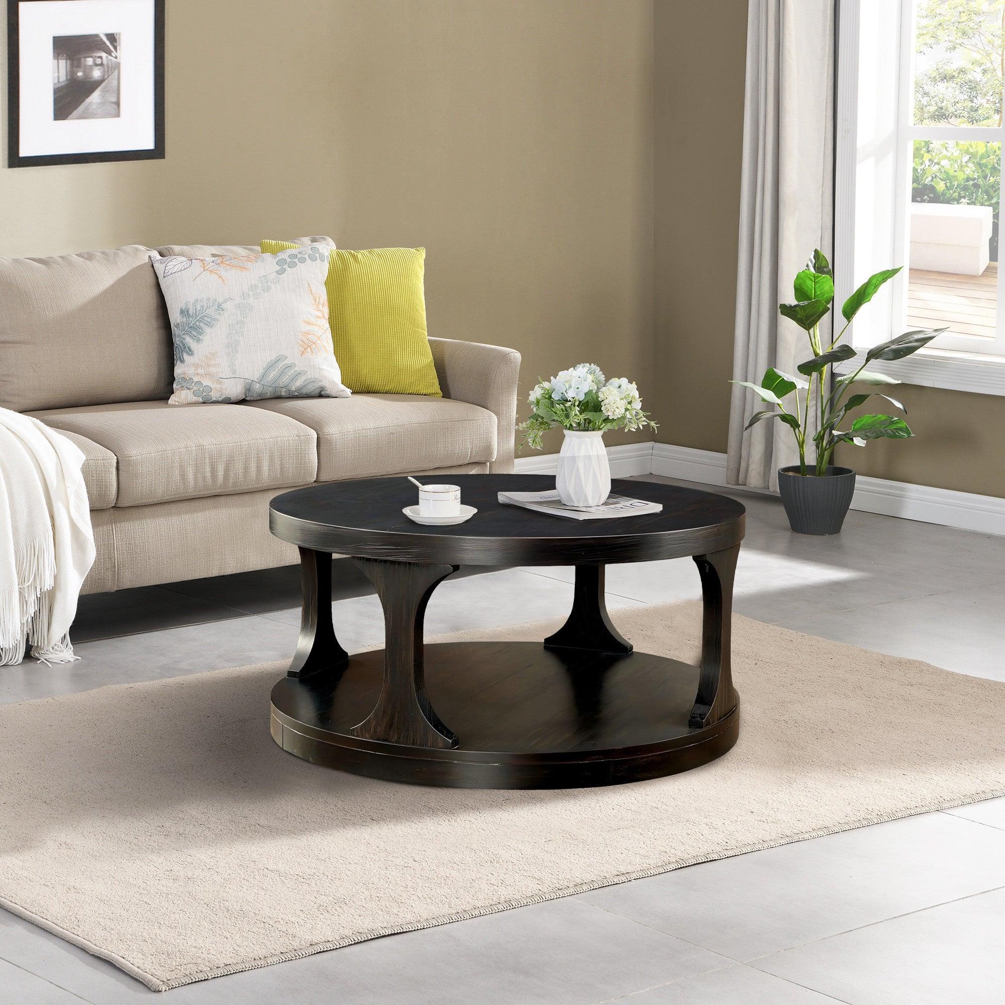 Antique Black Round Coffee Table with Open Shelf - 18 Inch Height, Sturdy Structure for Living Room, Lounge & Office Use