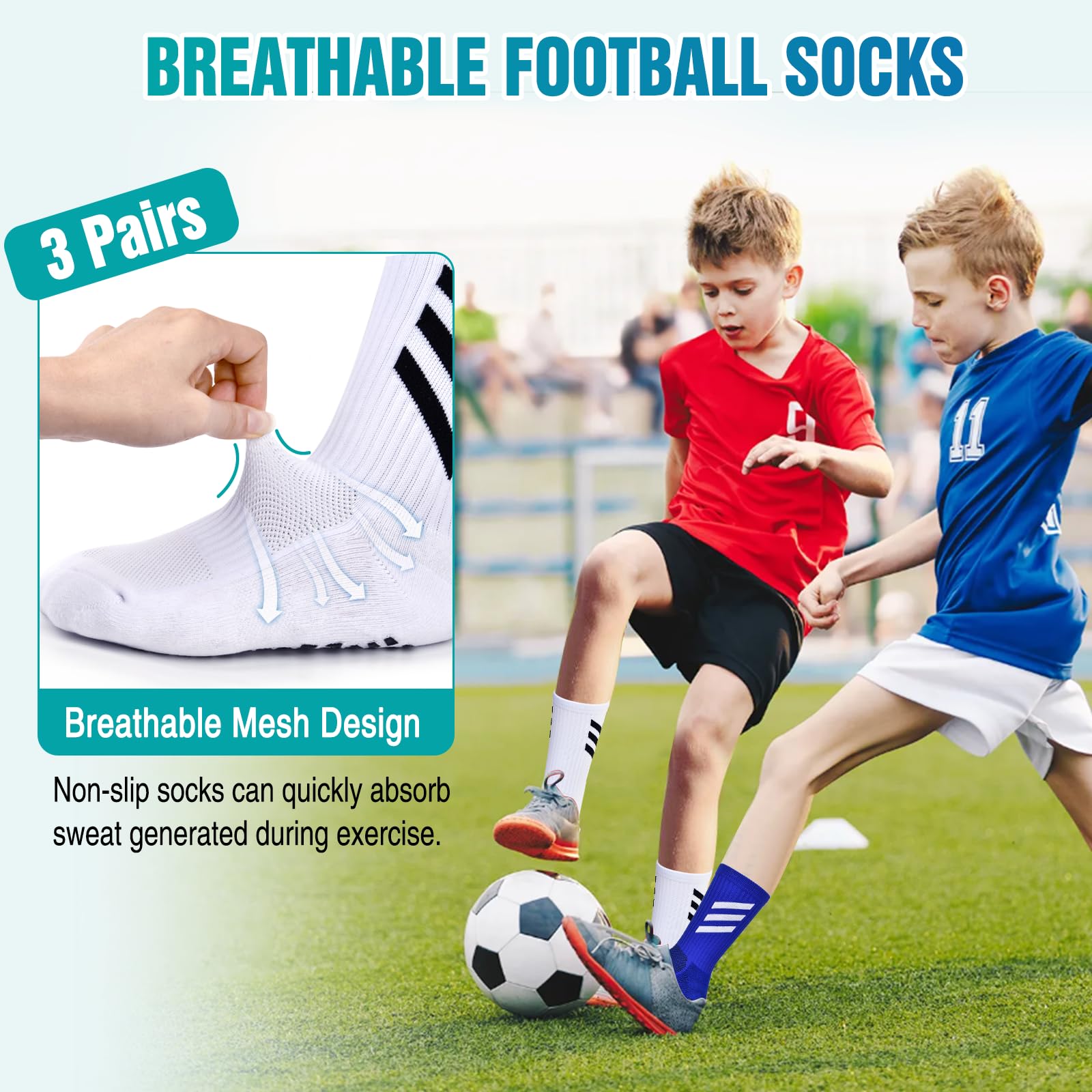 TEUEN Kids Non-Slip Soccer Socks - Breathable Athletic Grip Socks for Boys & Girls - Perfect for Football, Indoor Sports, and Playground Activities