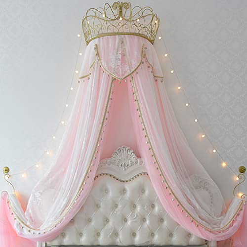 Princess Bed Canopy with Crown Dome - Round Lace Mosquito Net Play Tent for Girls (1.5m/5ft) | Elegant Room Decor for Kids Bedroom, Nursery & Sleepover Parties