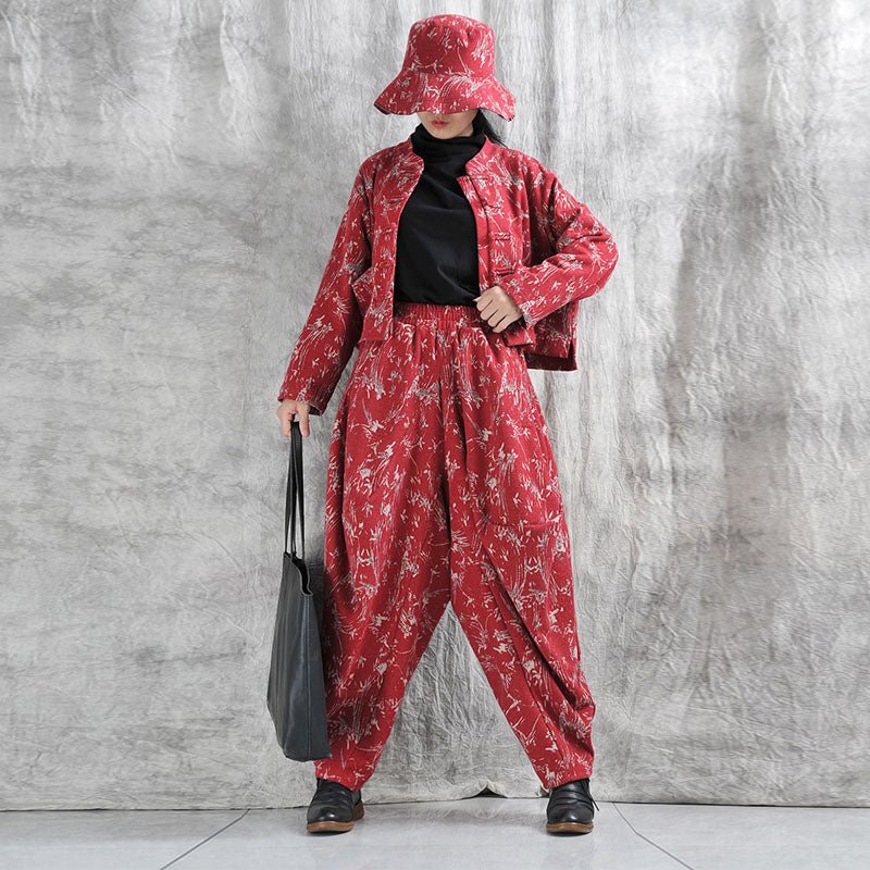 Women's Floral Print Cotton Blend Top & Harem Pants Set - Casual Autumn Outfit for Fall Fashion, Boho Style, Lounge Wear & Street Style
