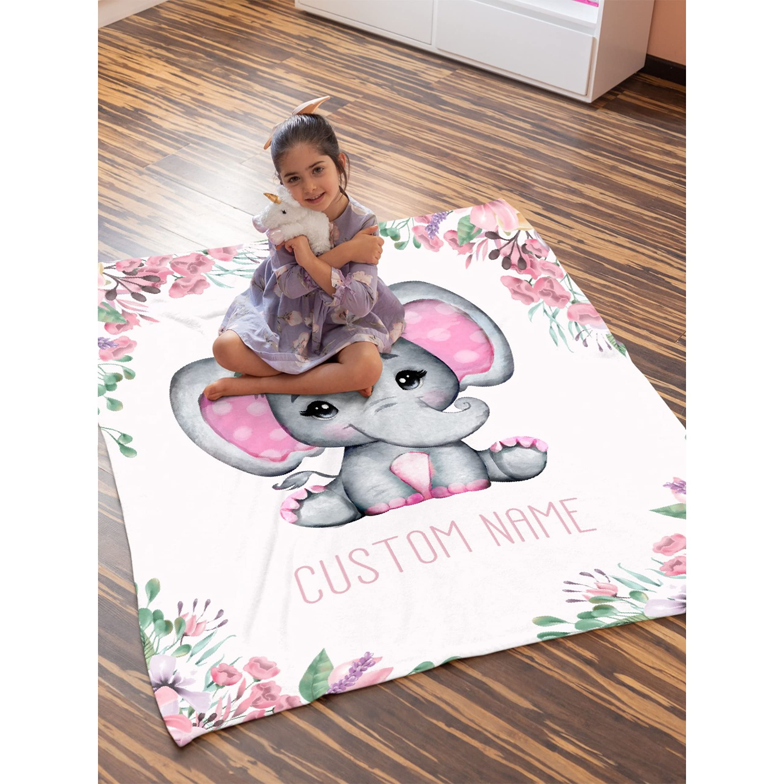 Personalized Baby Blanket with Name - Pink Floral Elephant Design Custom Fleece Blanket for Girls & Boys | Soft 120