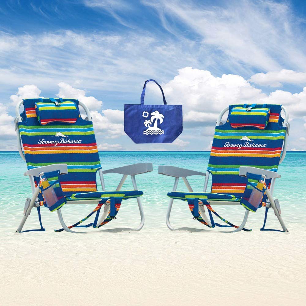 Tommy Bahama 2-Pack Folding Backpack Beach Chairs with Cup Holders & Cooler Pouch - Red, Includes 1 Medium Tote Bag | Portable for Beach, Camping, Picnics & Outdoor Events